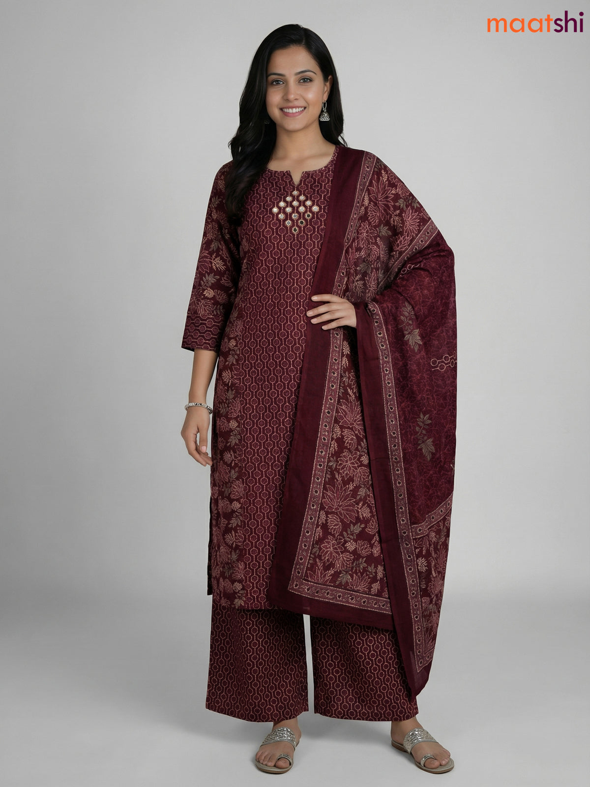 Dark Maroon Cotton Printed Straight Suit