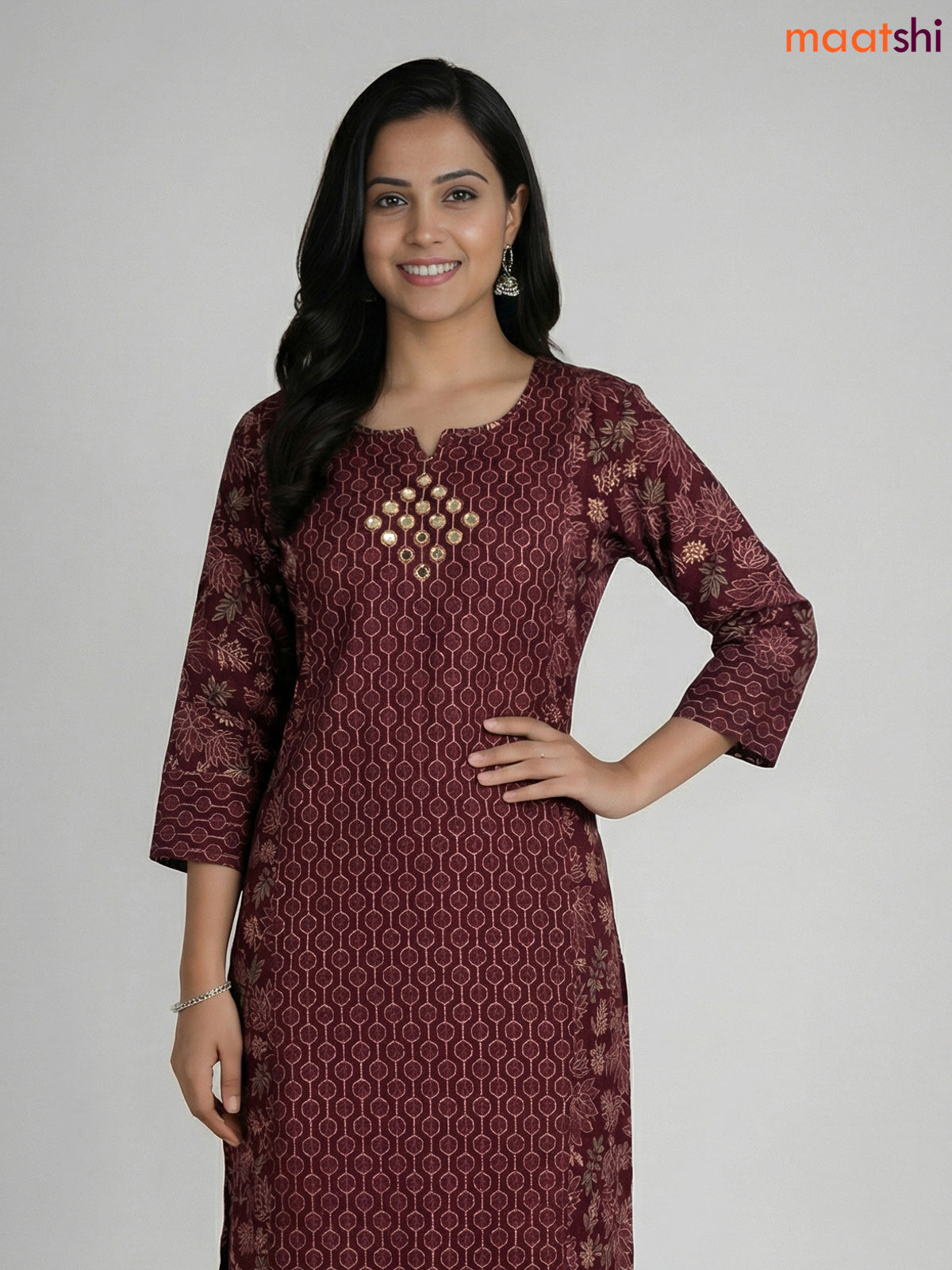 Dark Maroon Cotton Printed Straight Suit