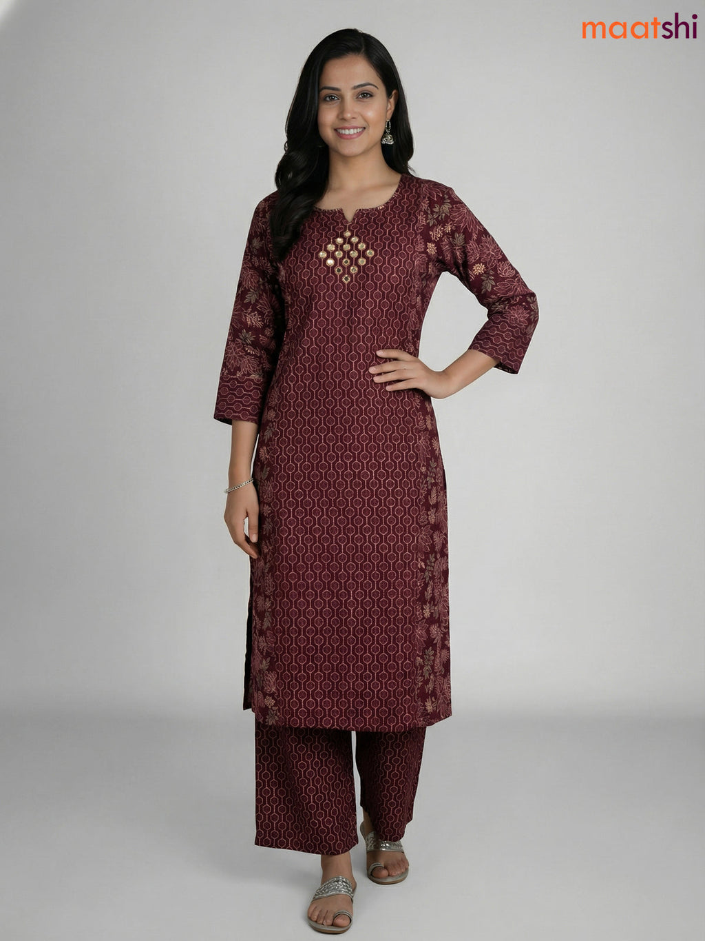 Dark Maroon Cotton Printed Straight Suit