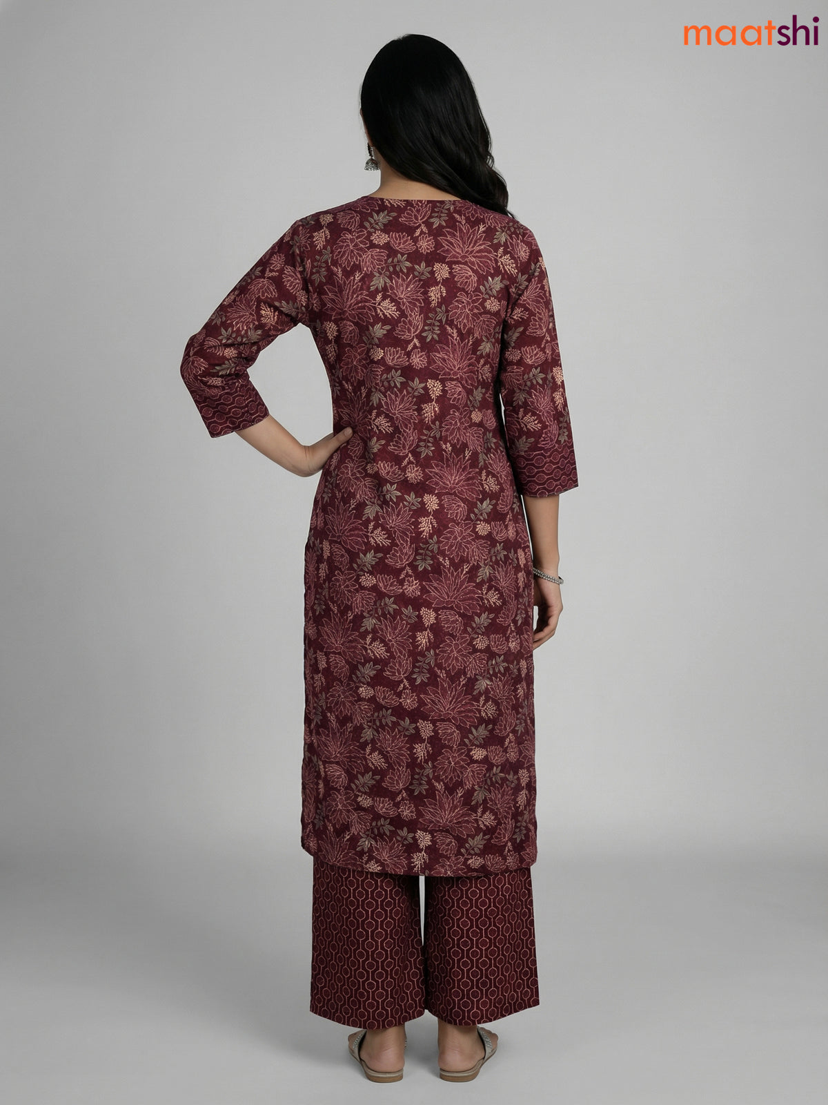 Dark Maroon Cotton Printed Straight Suit