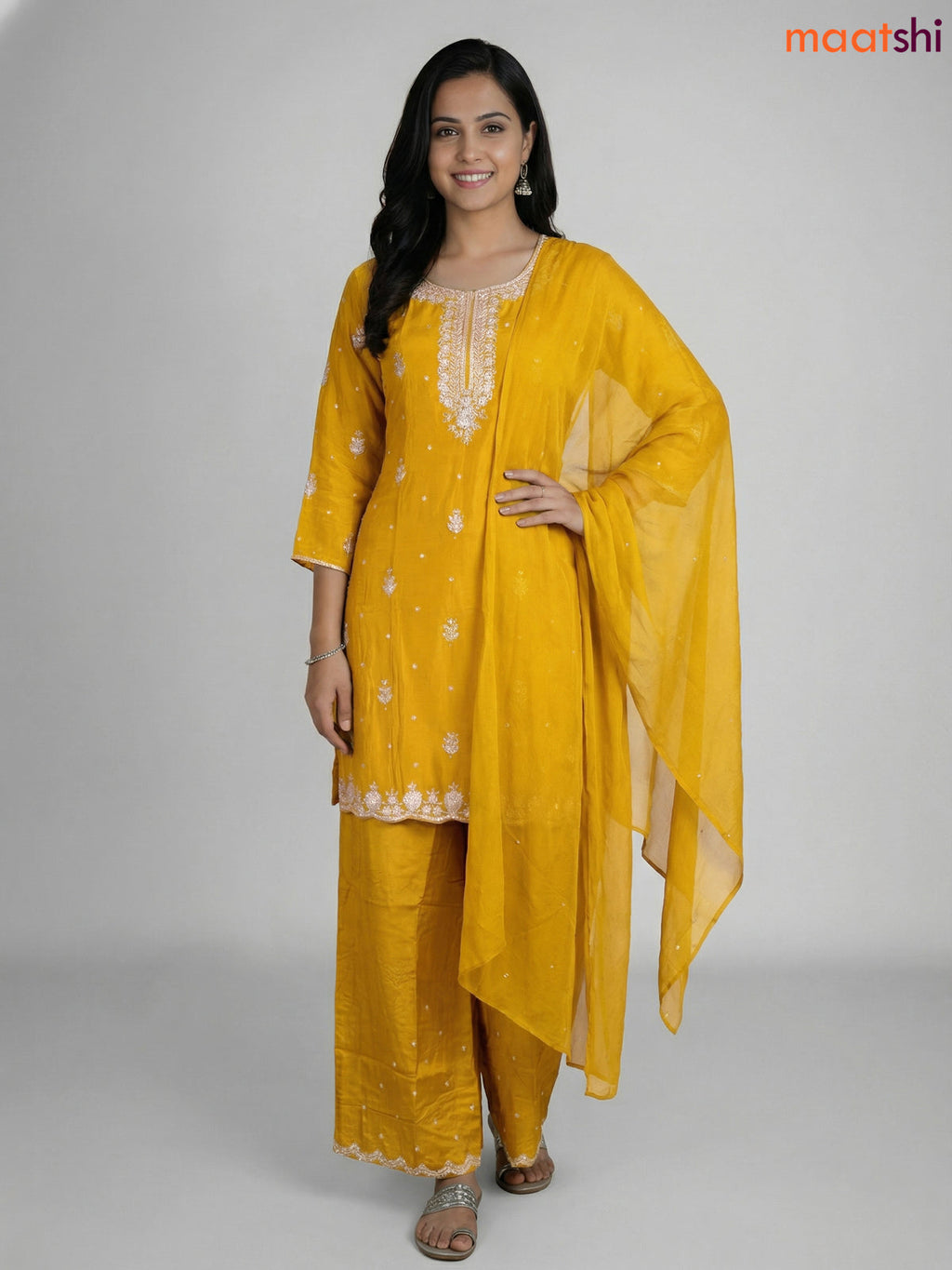 Yellow Chinnon Silk Embroidery Work Straight Suit