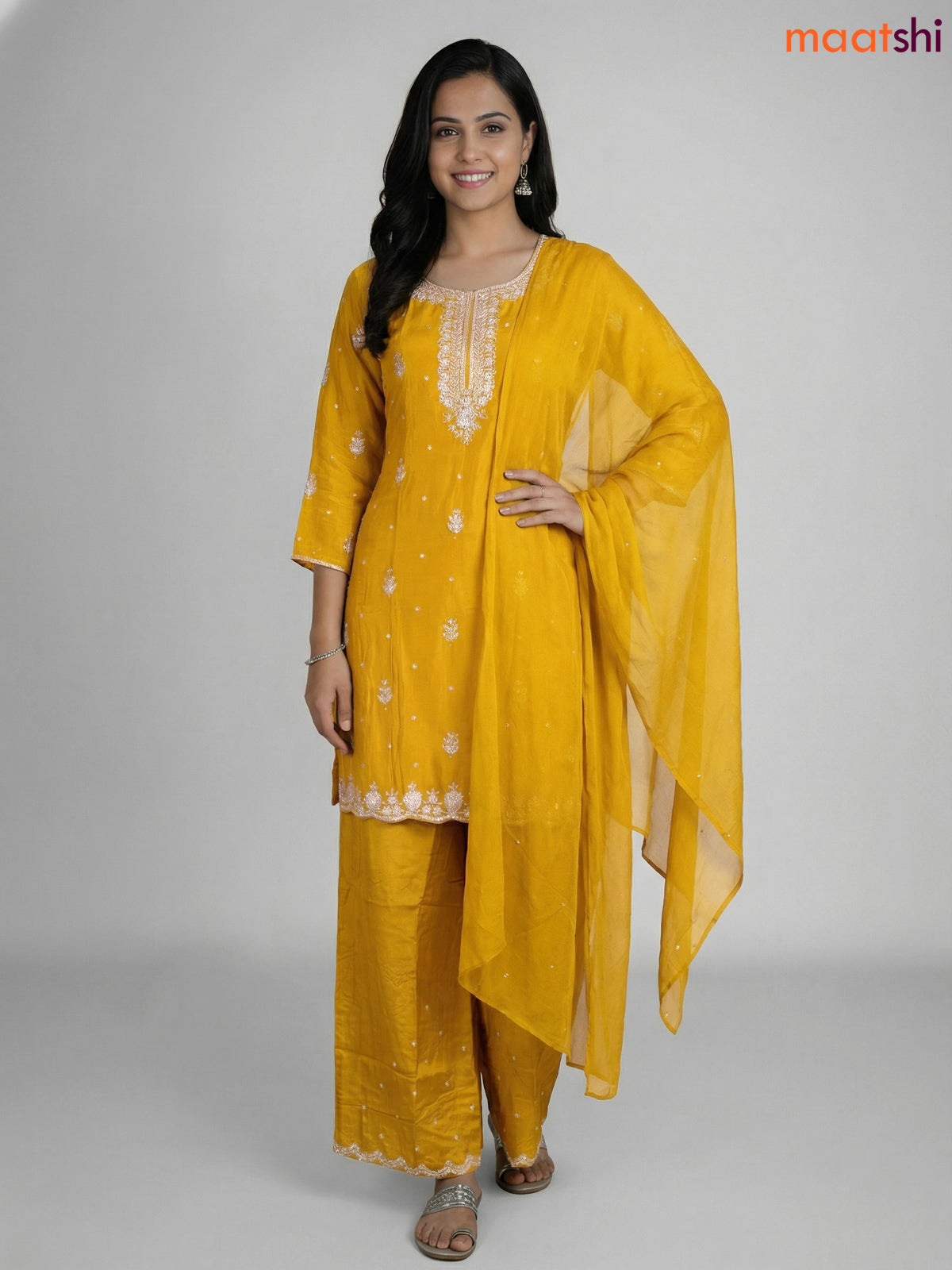 Yellow Chinnon Silk Embroidery Work Straight Suit