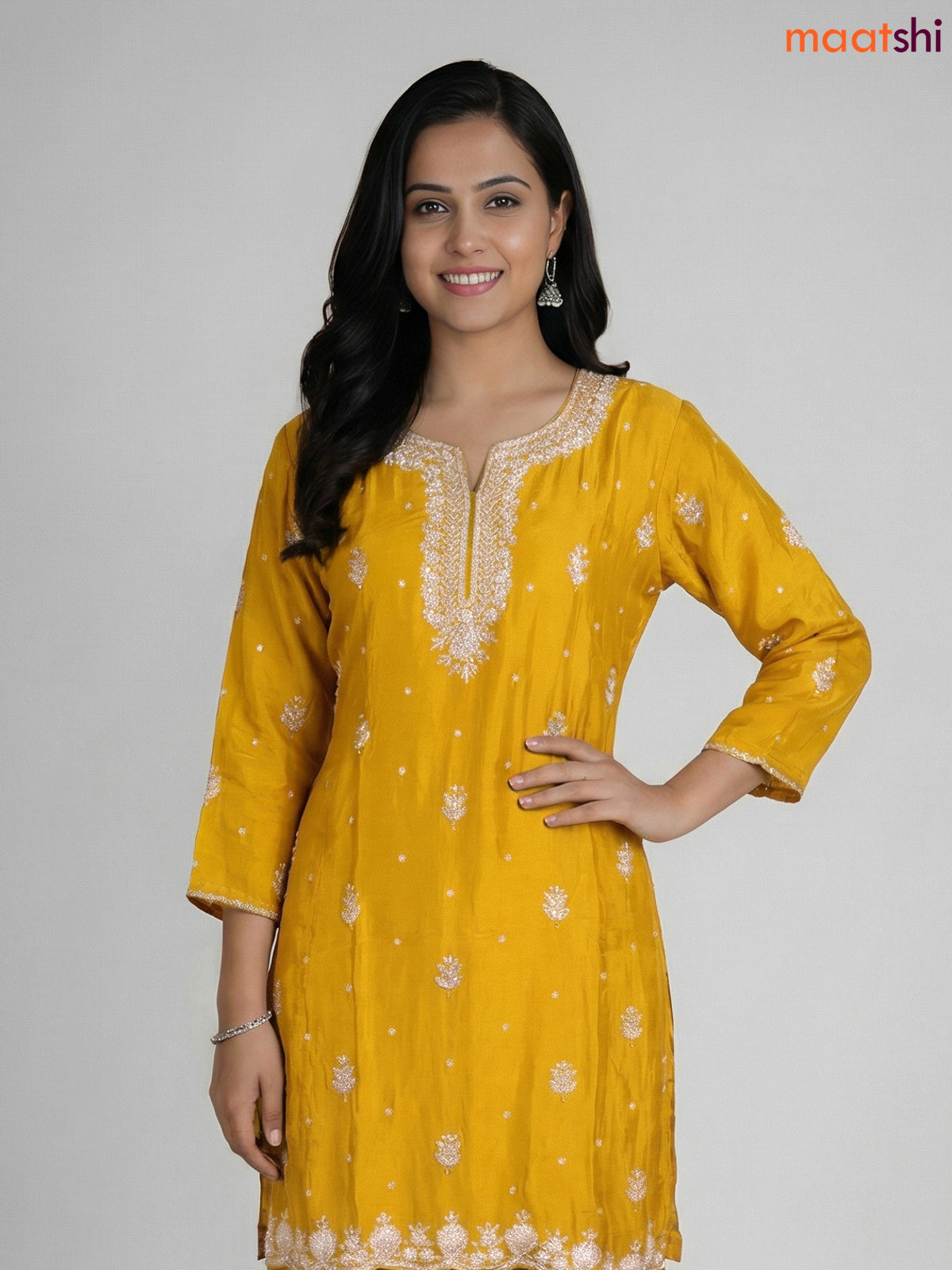 Yellow Chinnon Silk Embroidery Work Straight Suit