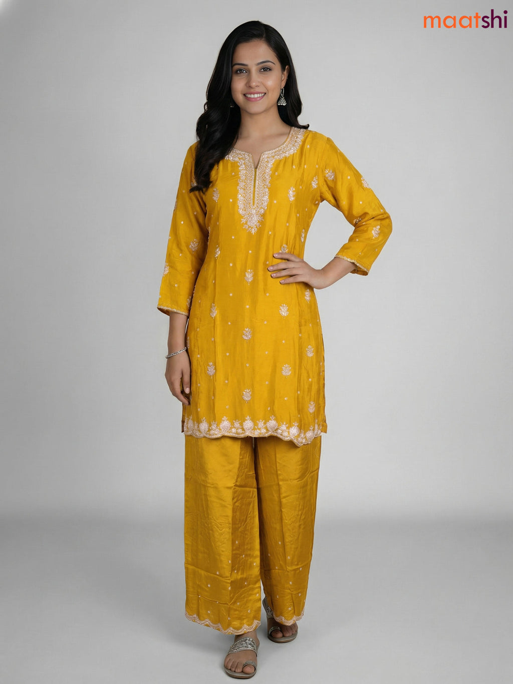 Yellow Chinnon Silk Embroidery Work Straight Suit