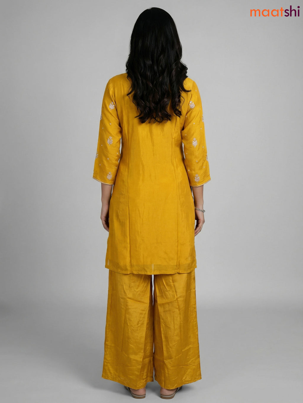 Yellow Chinnon Silk Embroidery Work Straight Suit