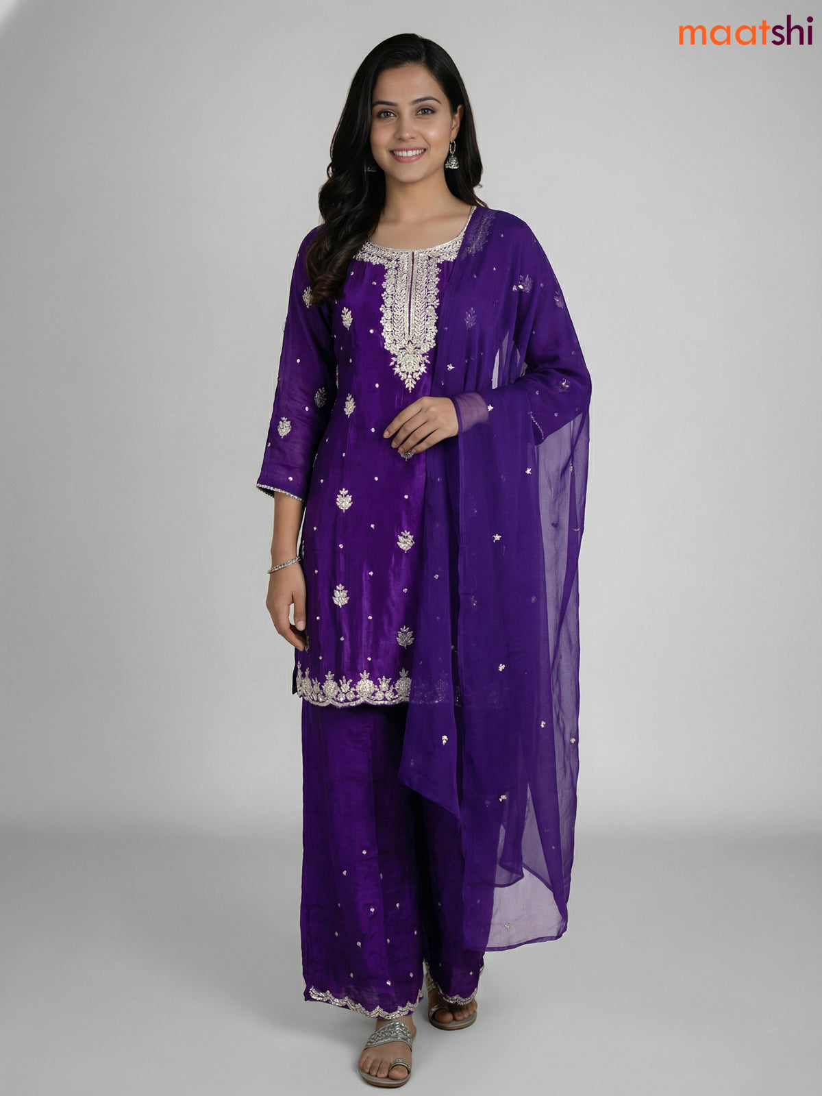 Violet Chinnon Silk Embroidery Work Straight Suit