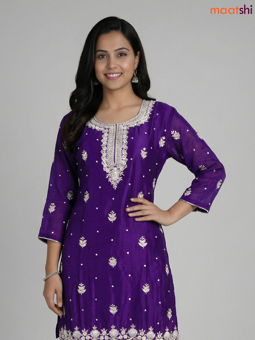 Violet Chinnon Silk Embroidery Work Straight Suit