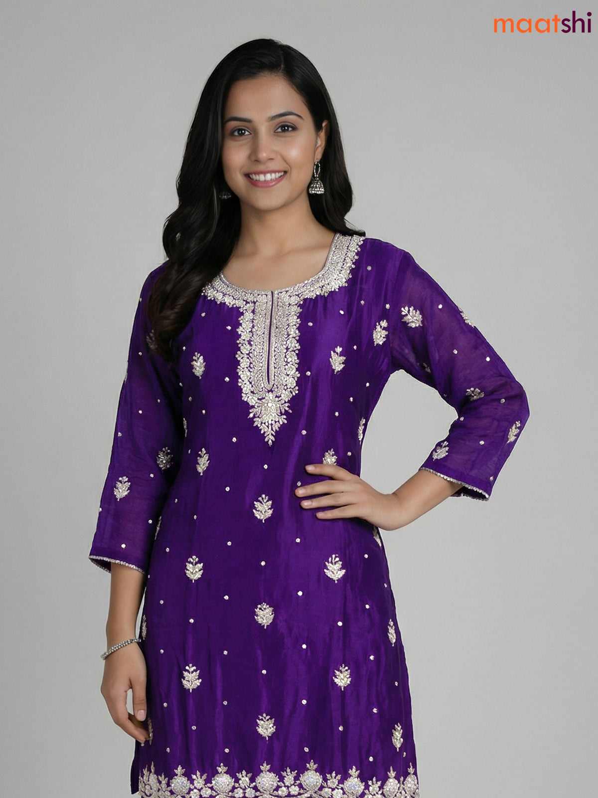 Violet Chinnon Silk Embroidery Work Straight Suit