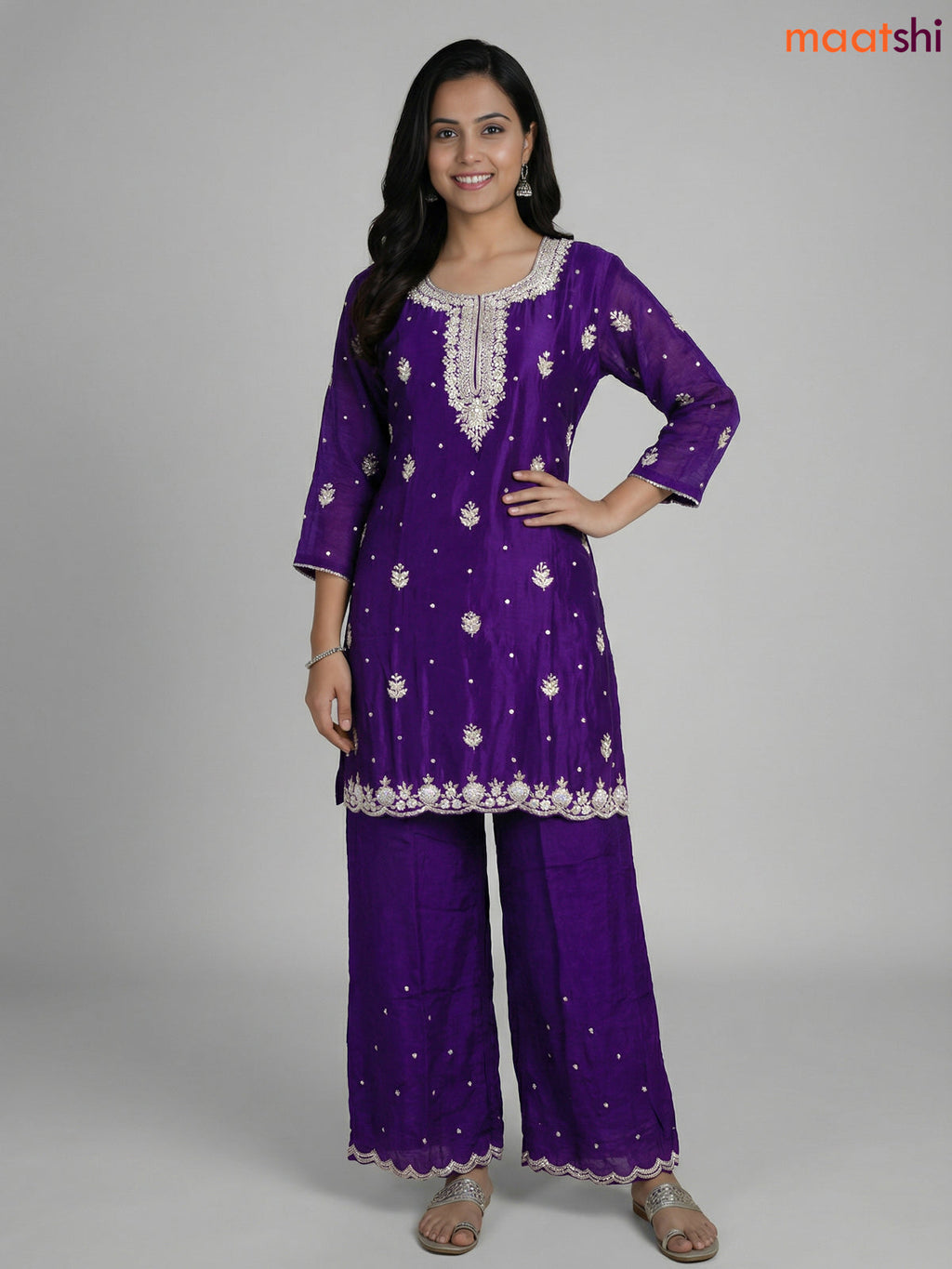 Violet Chinnon Silk Embroidery Work Straight Suit
