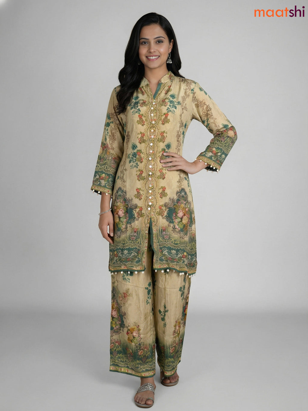 Pastel Green Crepe Silk With Slip & Floral Printed Co-Ord Set