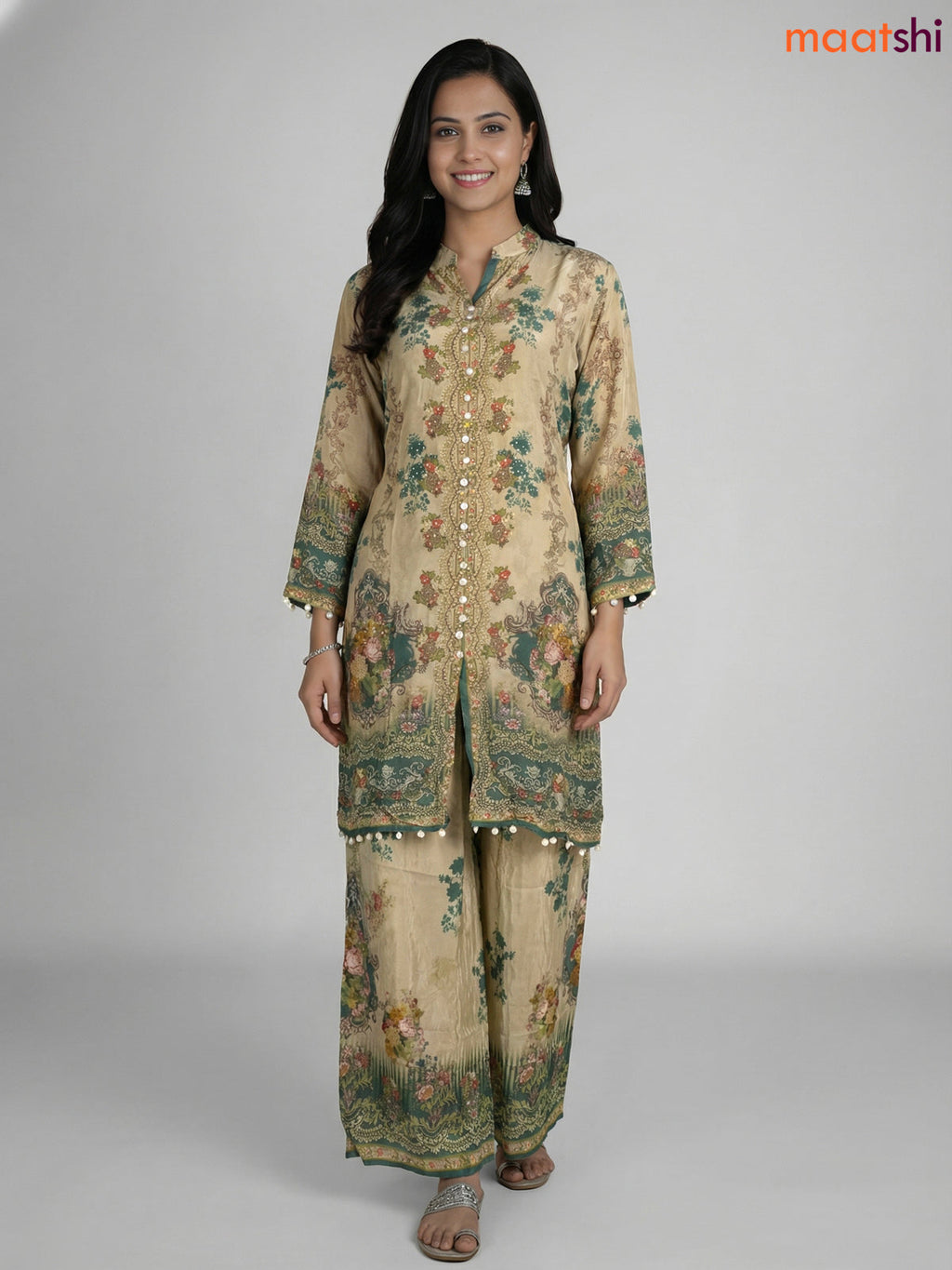 Pastel Green Crepe Silk With Slip & Floral Printed Co-Ord Set