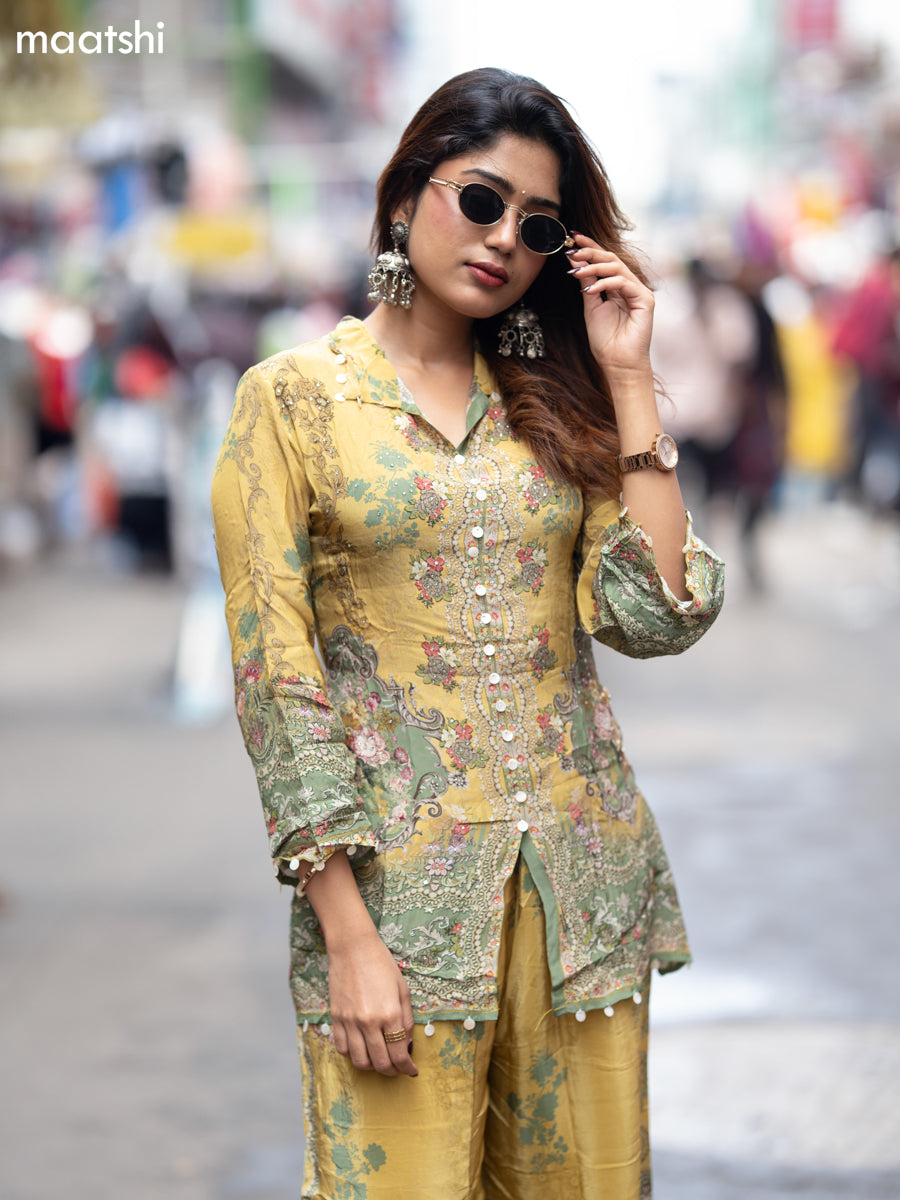 Mustard Shade and Pastel Green Crepe Silk With Slip & Floral Printed Co-Ord Set