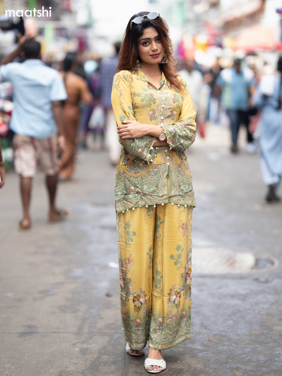 Mustard Shade and Pastel Green Crepe Silk With Slip & Floral Printed Co-Ord Set