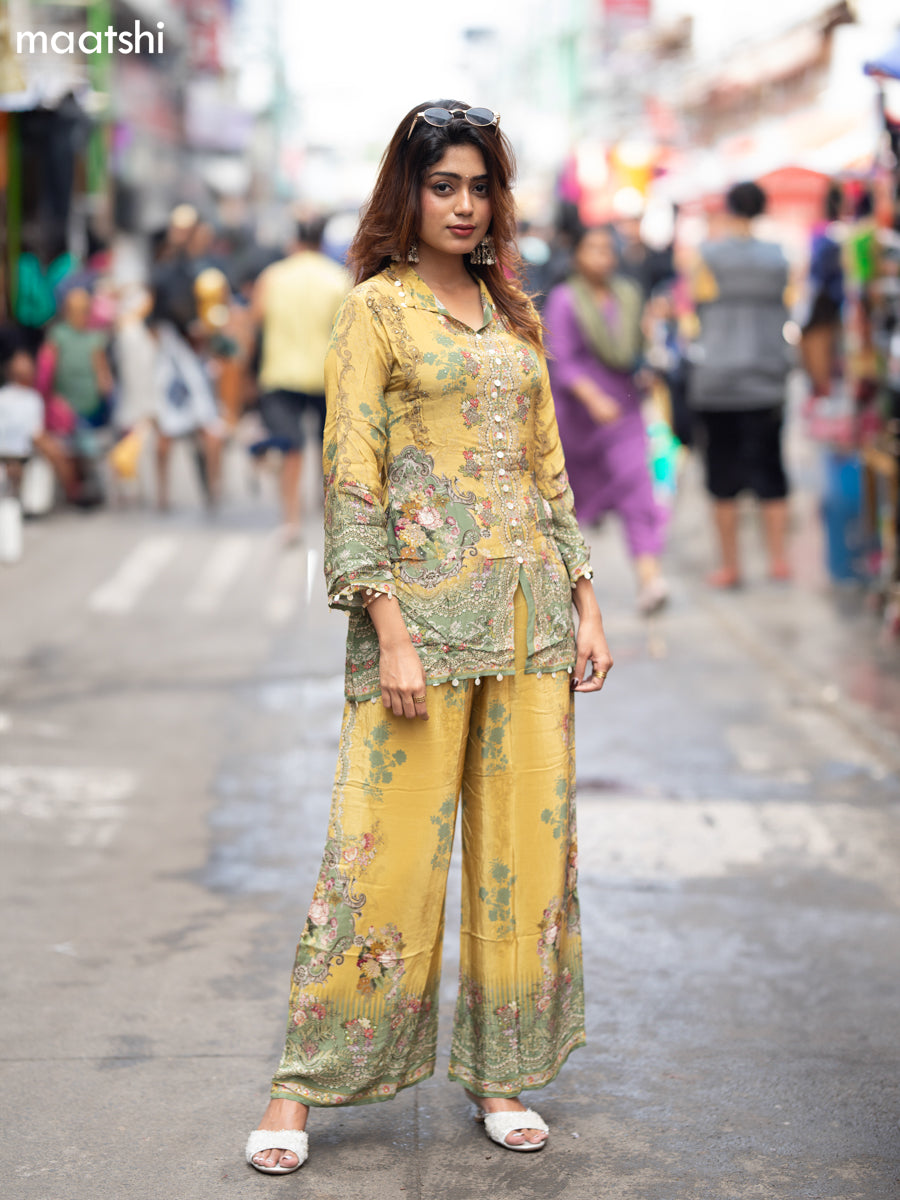 Mustard Shade and Pastel Green Crepe Silk With Slip & Floral Printed Co-Ord Set