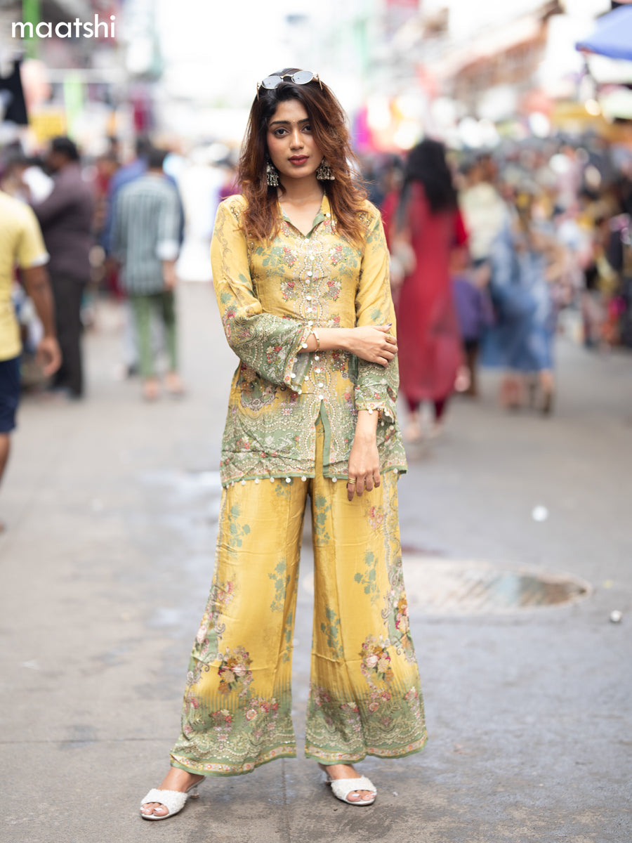 Mustard Shade and Pastel Green Crepe Silk With Slip & Floral Printed Co-Ord Set