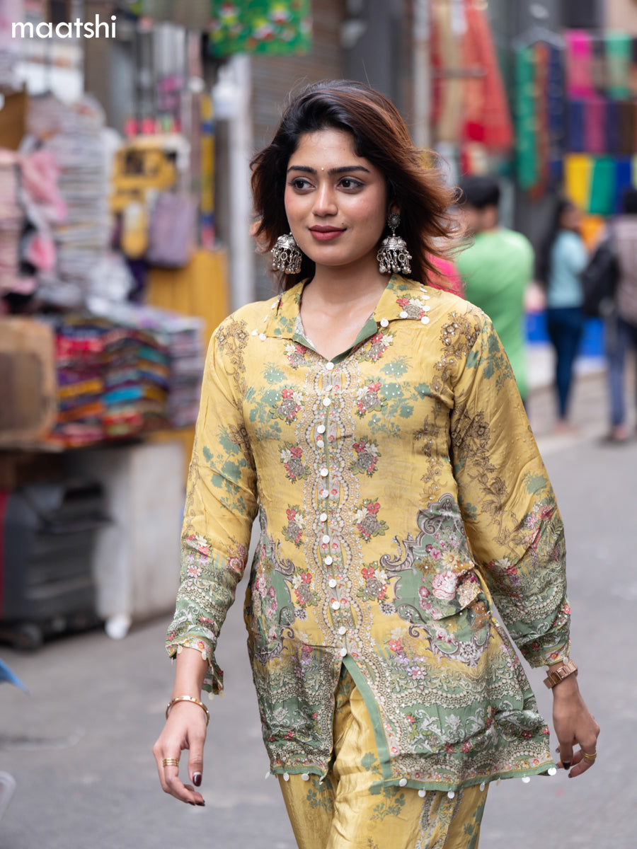 Mustard Shade and Pastel Green Crepe Silk With Slip & Floral Printed Co-Ord Set