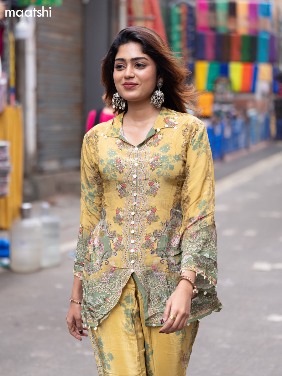 Mustard Shade and Pastel Green Crepe Silk With Slip & Floral Printed Co-Ord Set