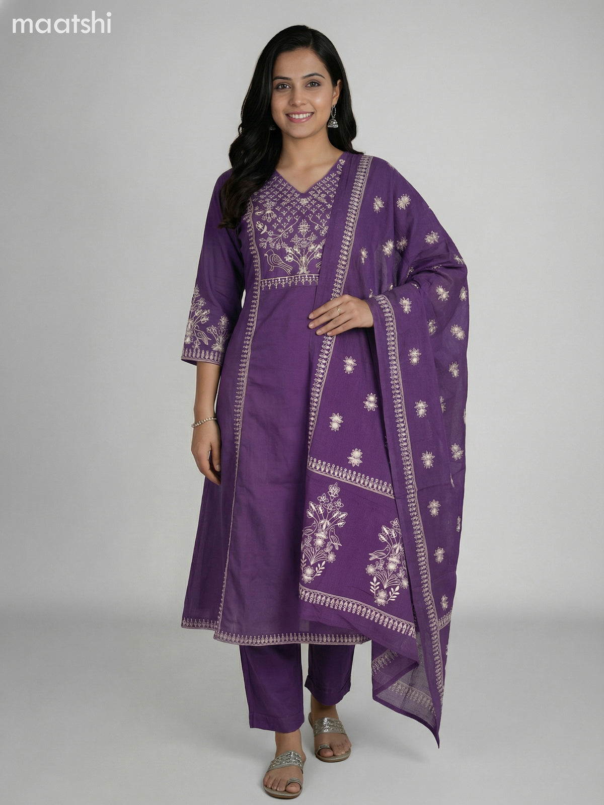 Purple Cotton Embroidery Work A-Line Suit