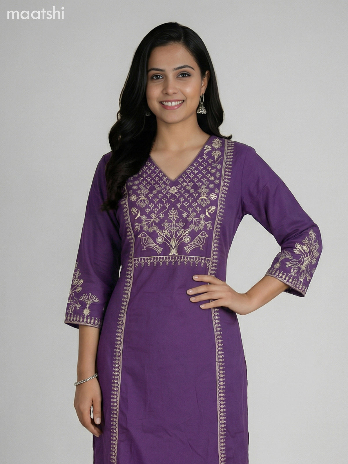 Purple Cotton Embroidery Work A-Line Suit