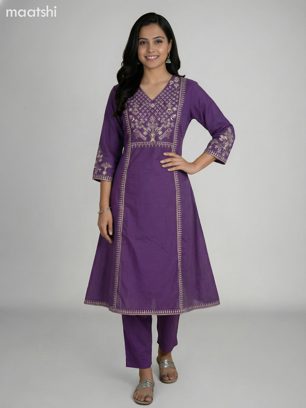 Purple Cotton Embroidery Work A-Line Suit