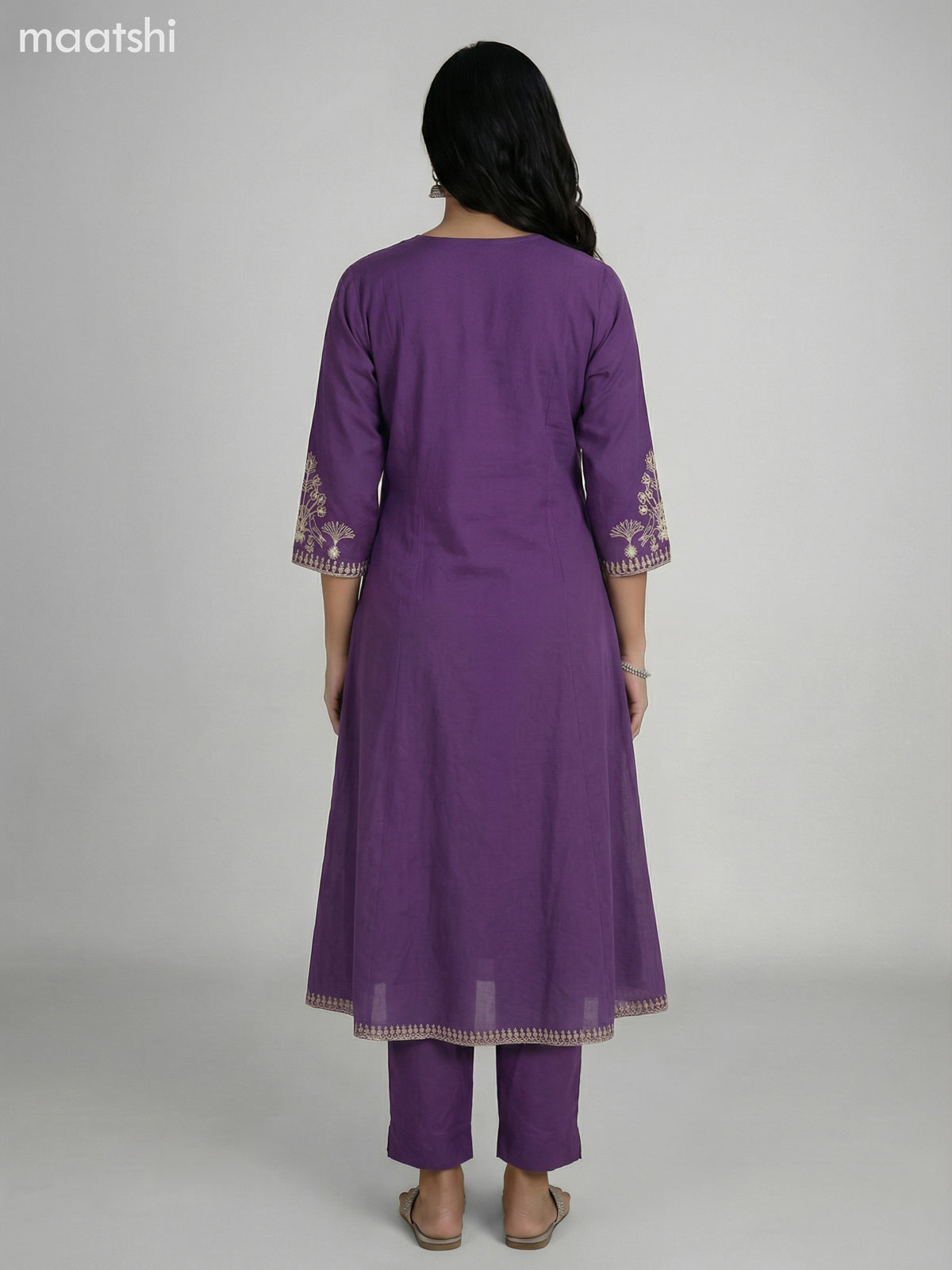 Purple Cotton Embroidery Work A-Line Suit