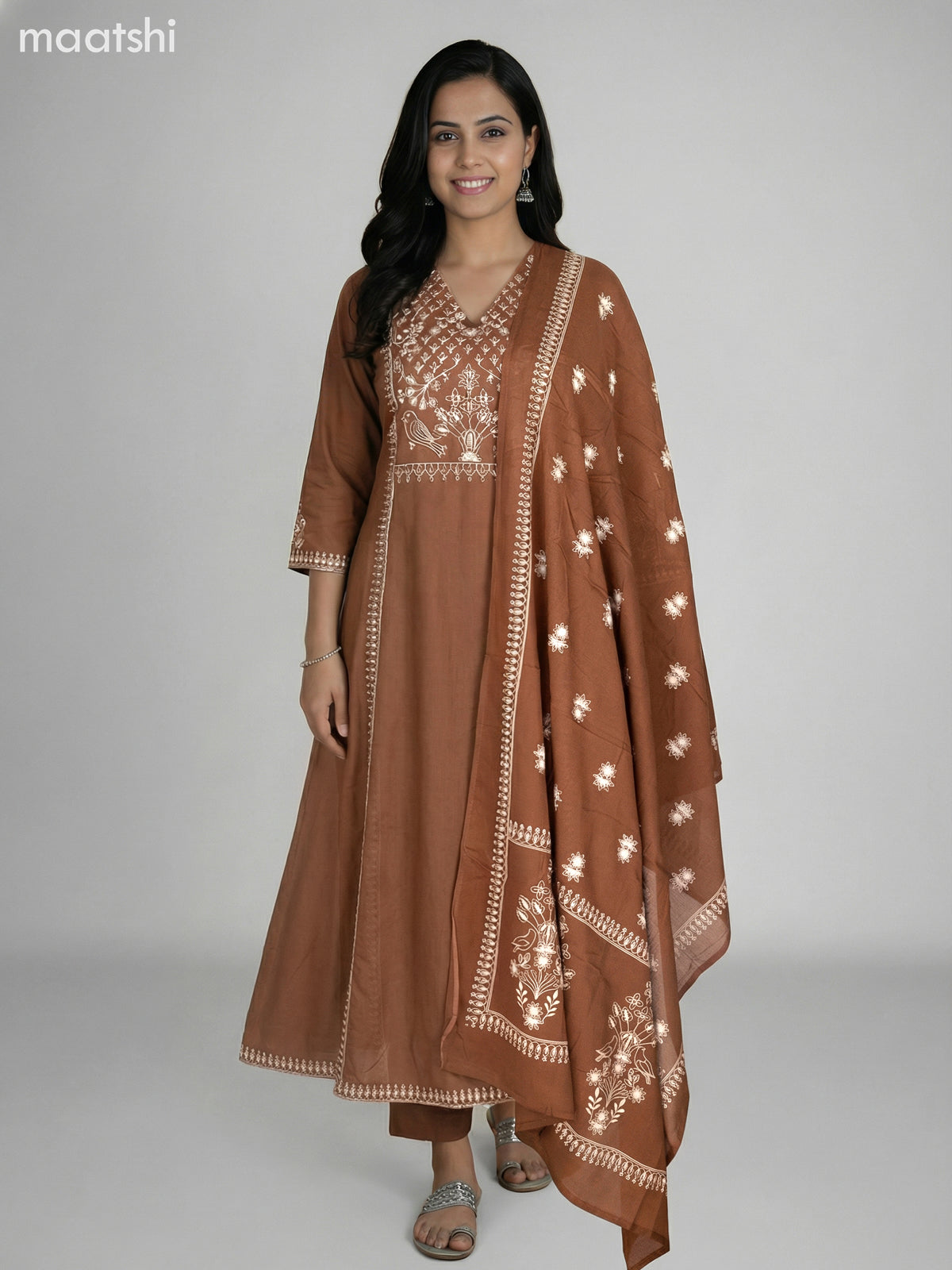 Brown Cotton Embroidery Work A-Line Suit