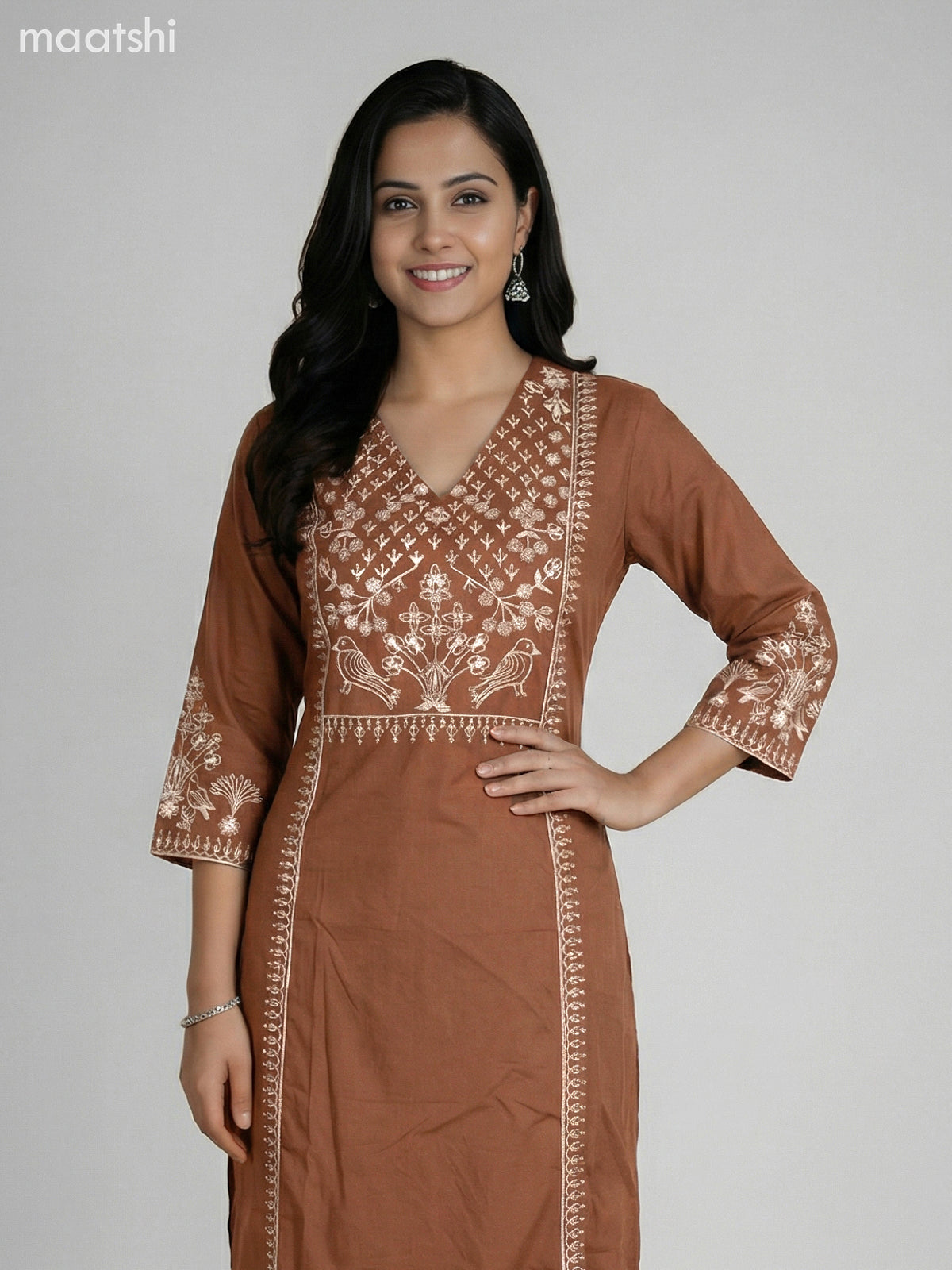 Brown Cotton Embroidery Work A-Line Suit