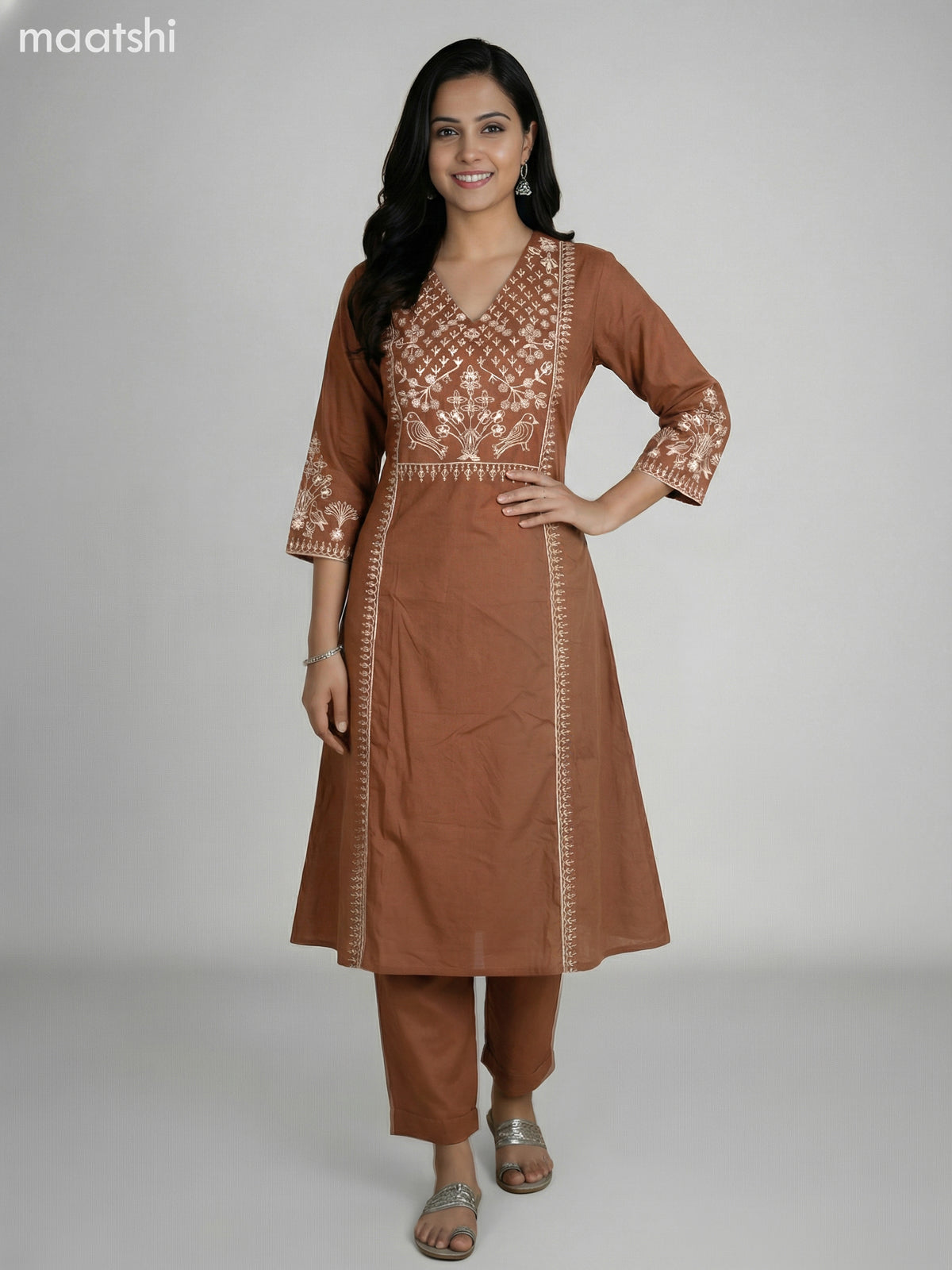Brown Cotton Embroidery Work A-Line Suit