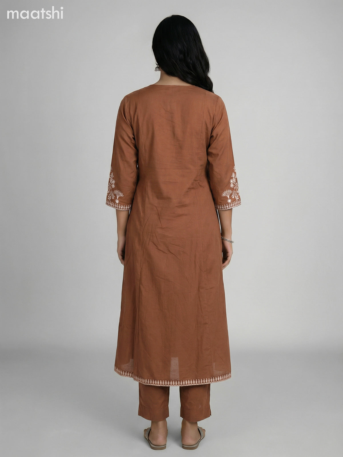 Brown Cotton Embroidery Work A-Line Suit