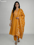 Mustard Yellow Cotton Embroidery Work A-Line Suit