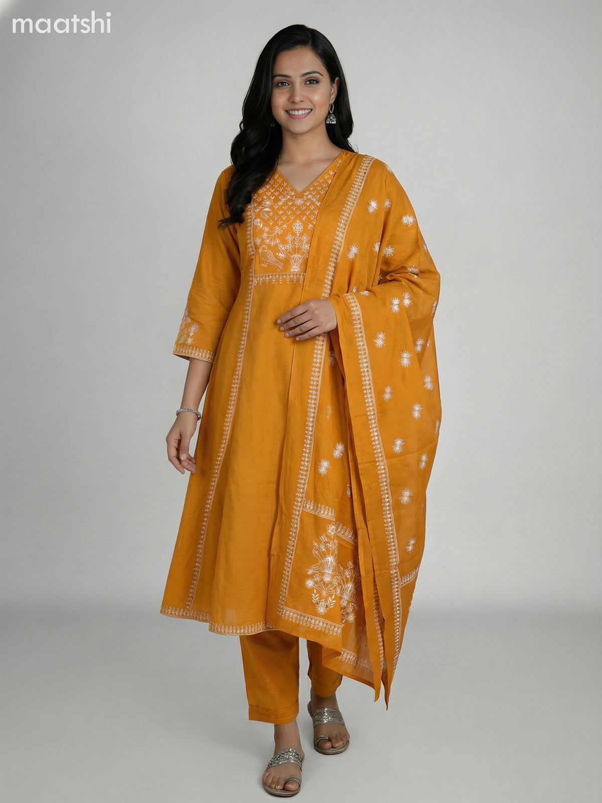 Mustard Yellow Cotton Embroidery Work A-Line Suit