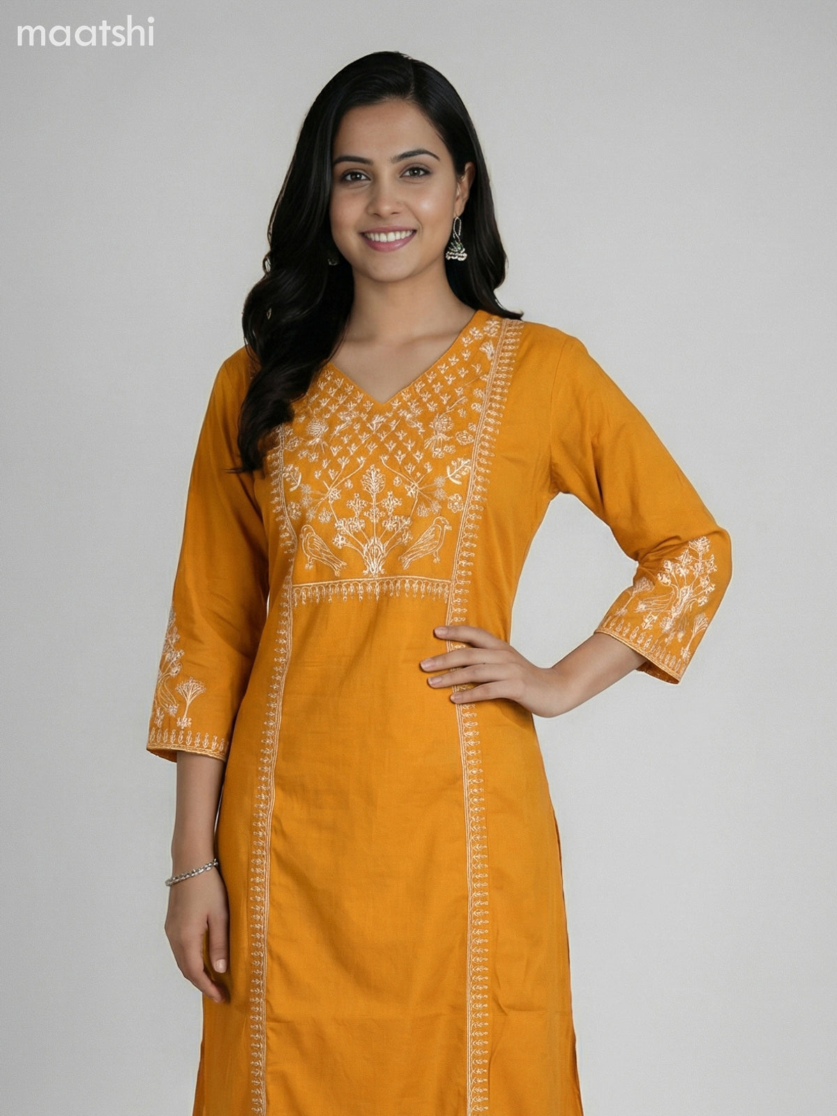 Mustard Yellow Cotton Embroidery Work A-Line Suit