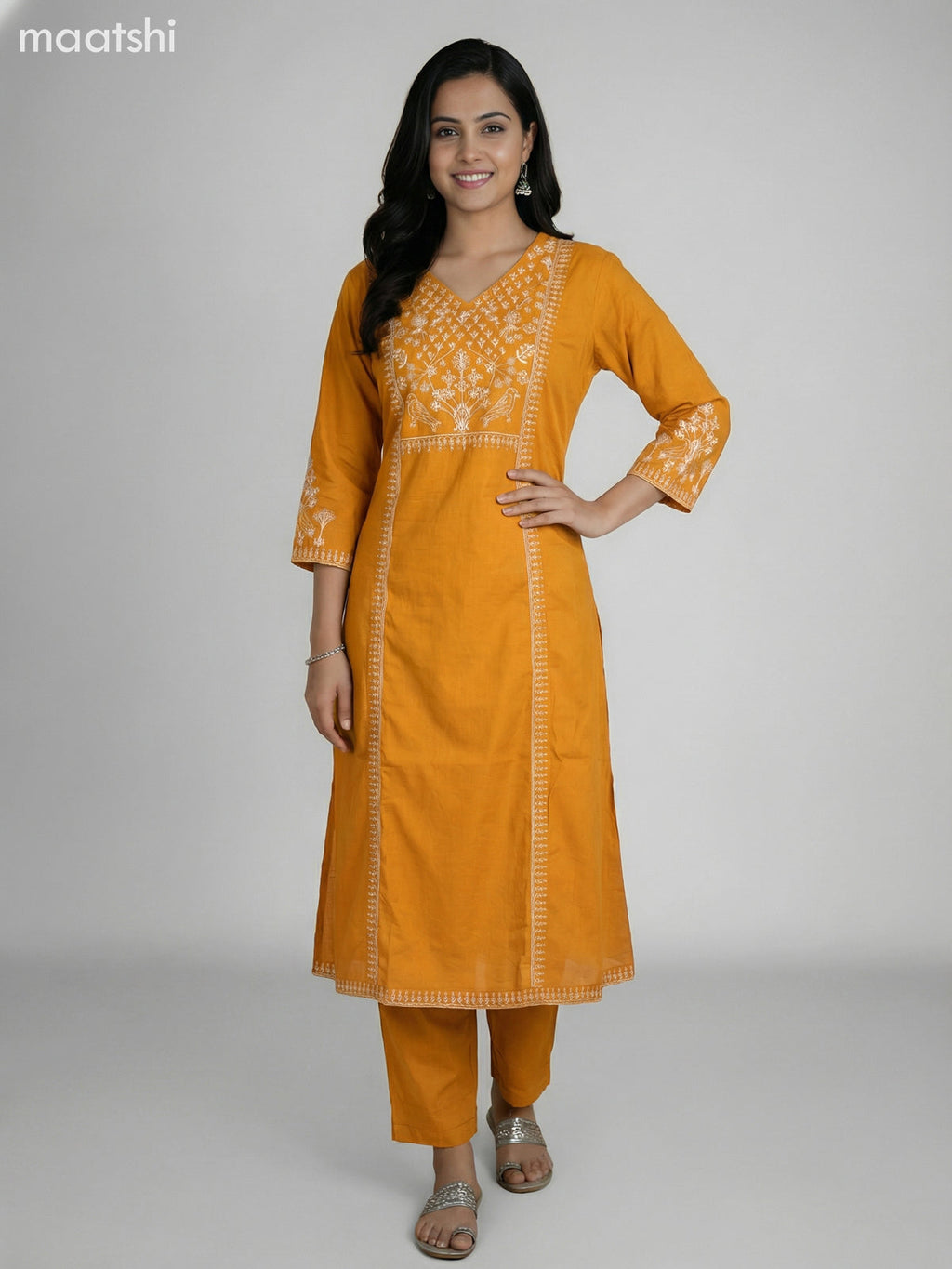 Mustard Yellow Cotton Embroidery Work A-Line Suit