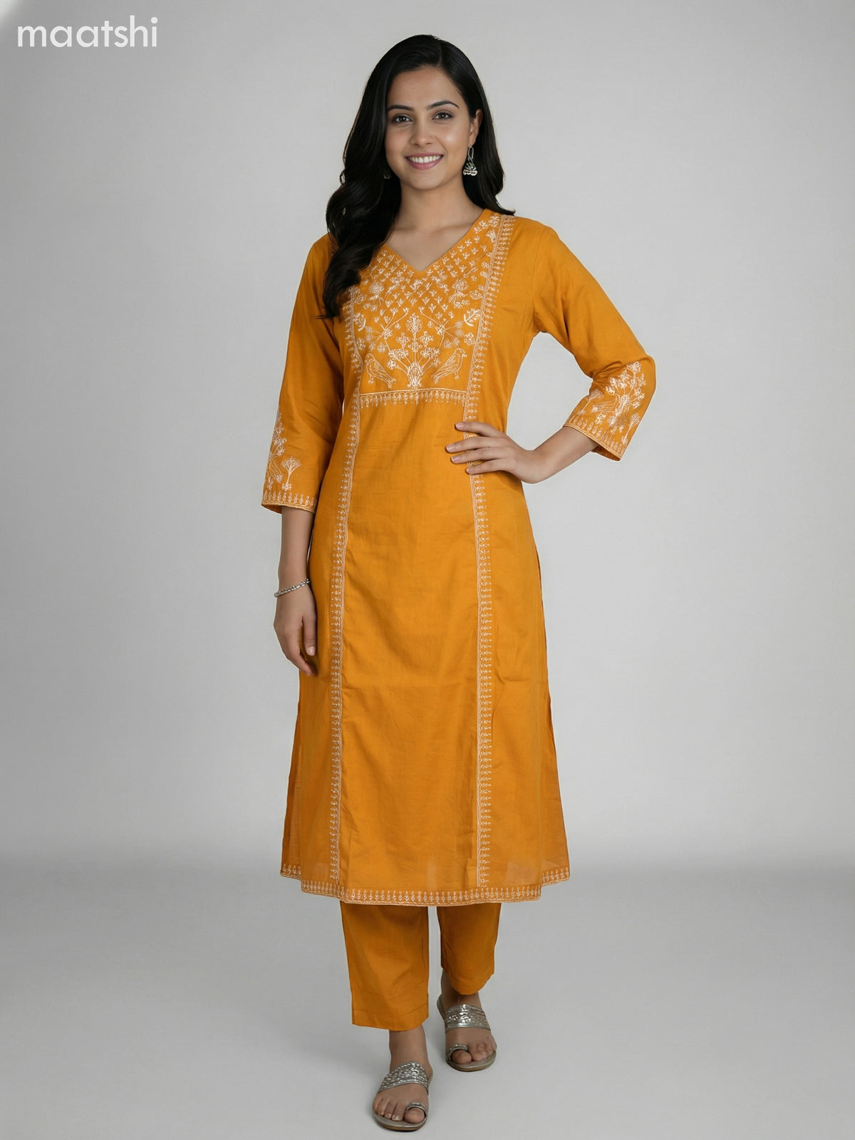 Mustard Yellow Cotton Embroidery Work A-Line Suit