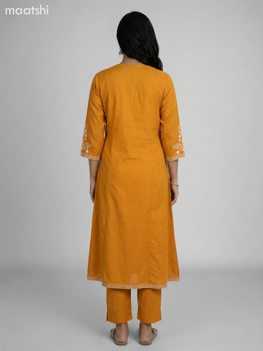 Mustard Yellow Cotton Embroidery Work A-Line Suit