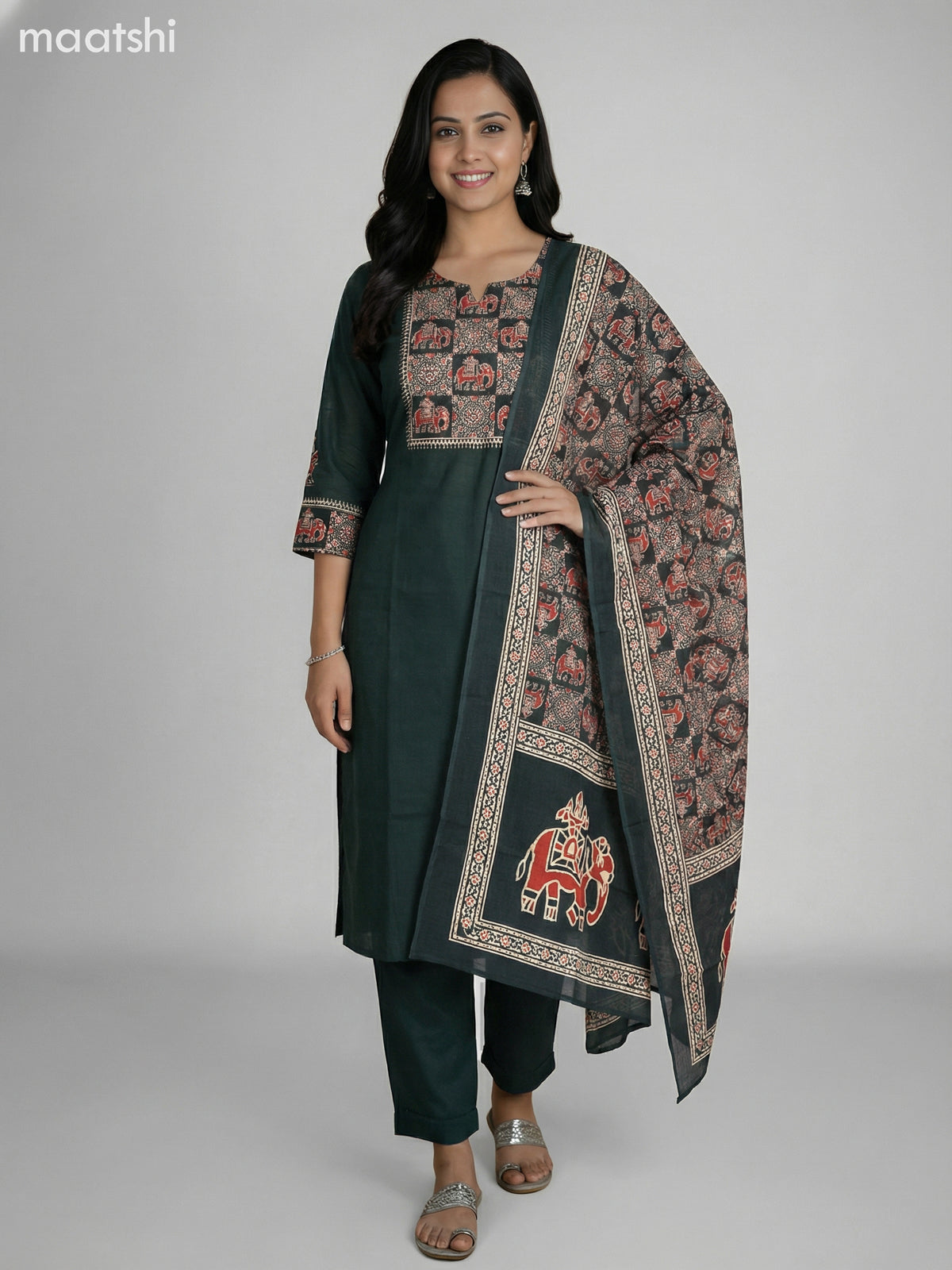 Dark Green Cotton Ajrakh Printed Neck Pattern Straight Suit