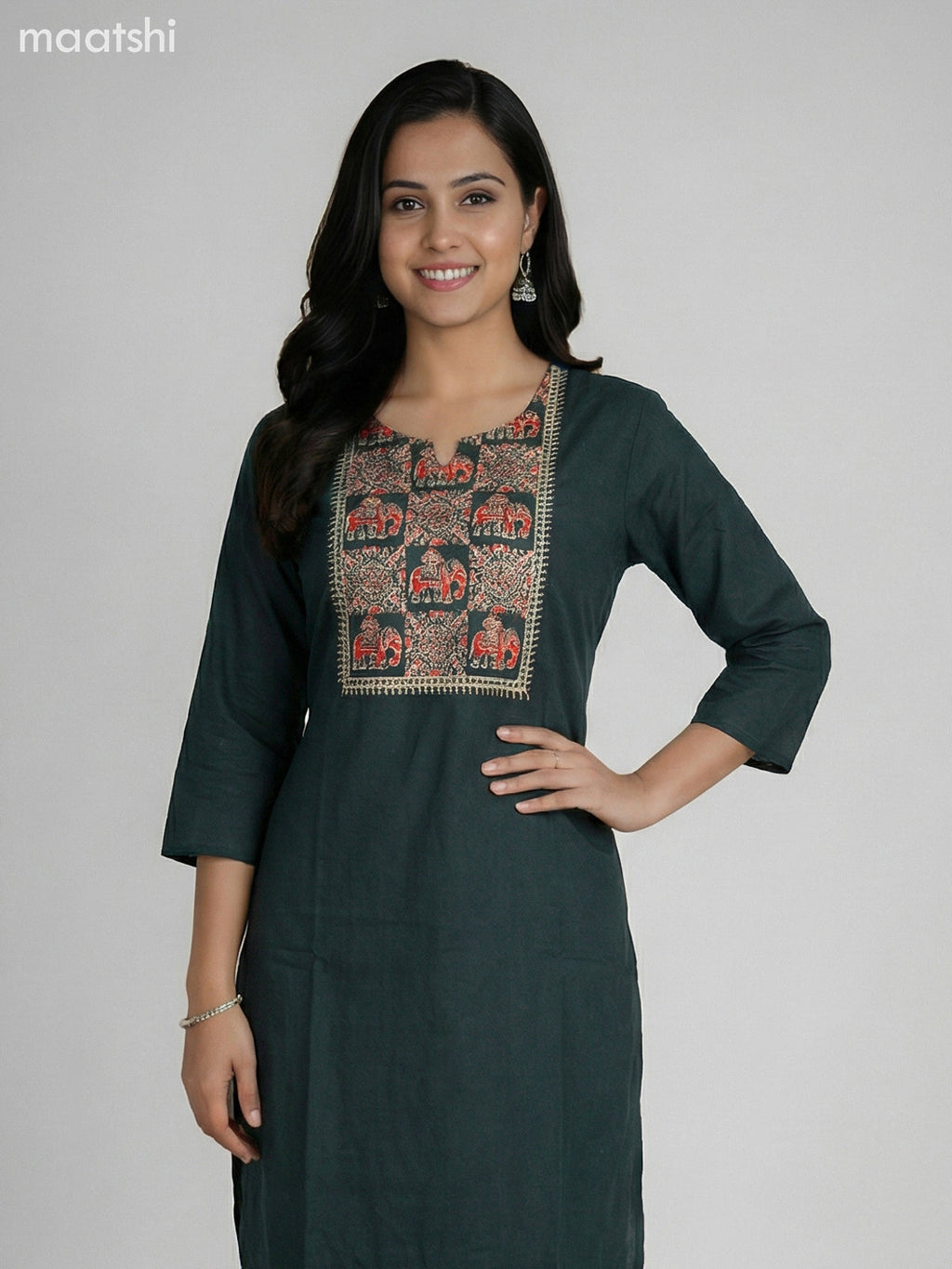Dark Green Cotton Ajrakh Printed Neck Pattern Straight Suit