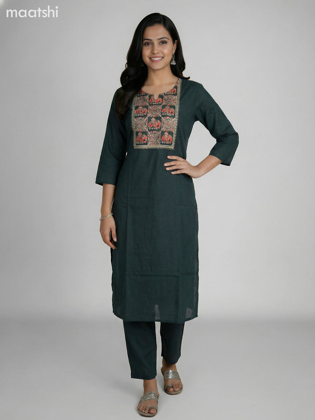 Dark Green Cotton Ajrakh Printed Neck Pattern Straight Suit