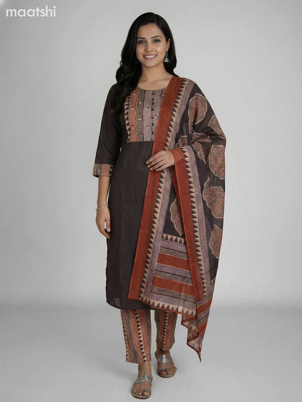 Black Cotton Printed Neck Pattern Straight Suit