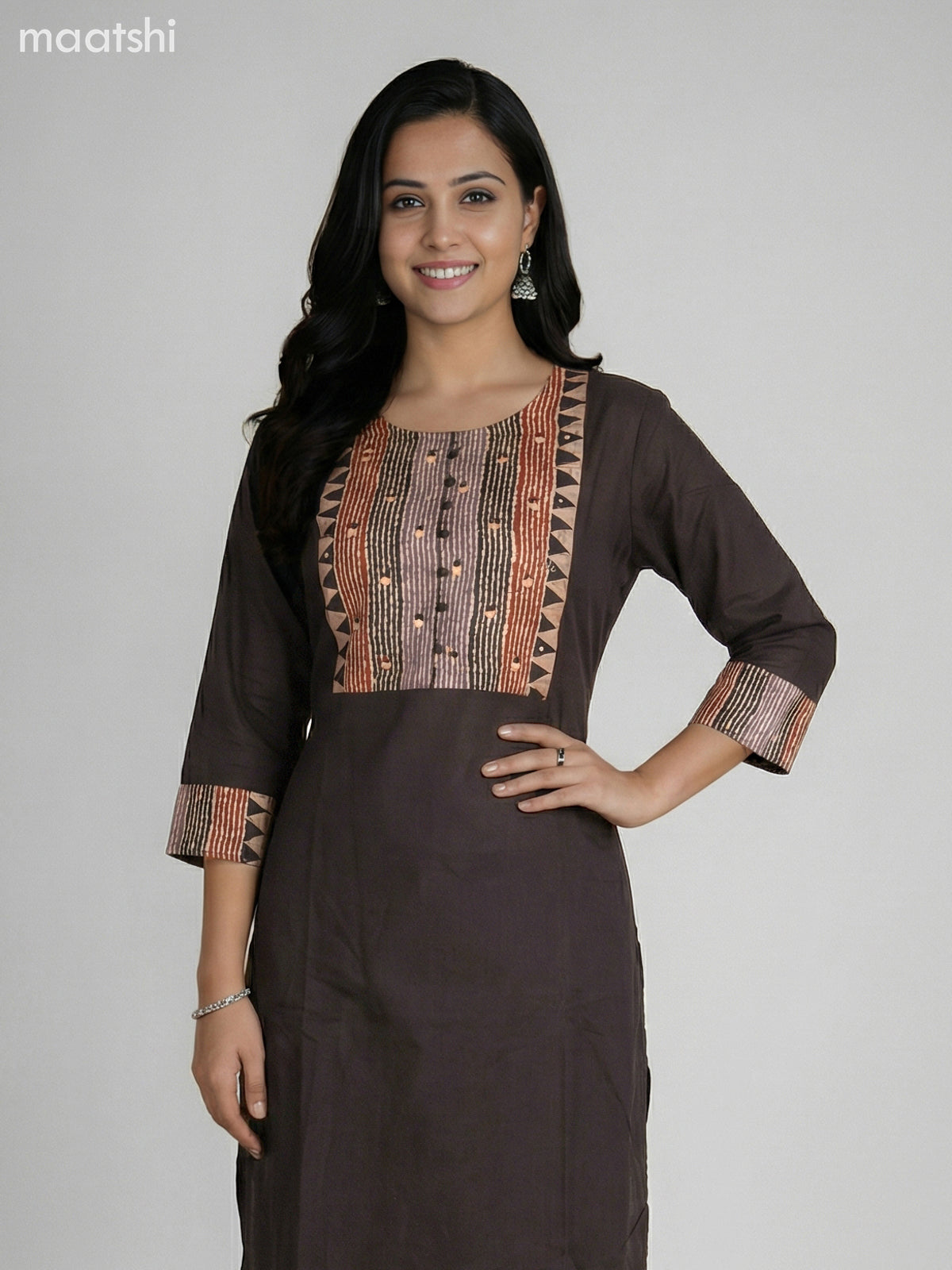 Black Cotton Printed Neck Pattern Straight Suit