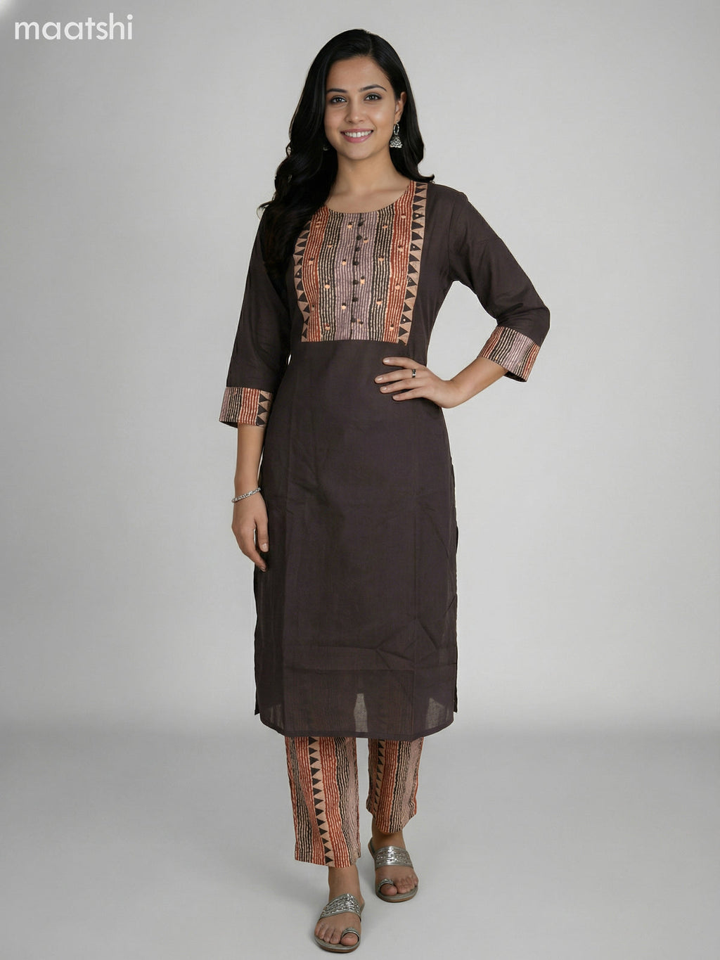 Black Cotton Printed Neck Pattern Straight Suit