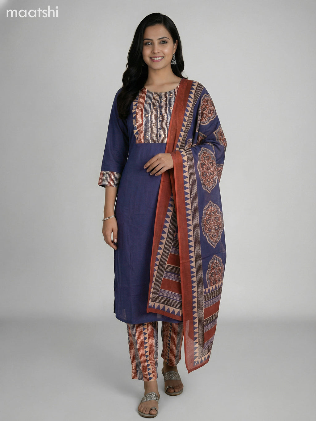 Navy Blue Cotton Printed Neck Pattern Straight Suit