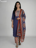 Navy Blue Cotton Printed Neck Pattern Straight Suit
