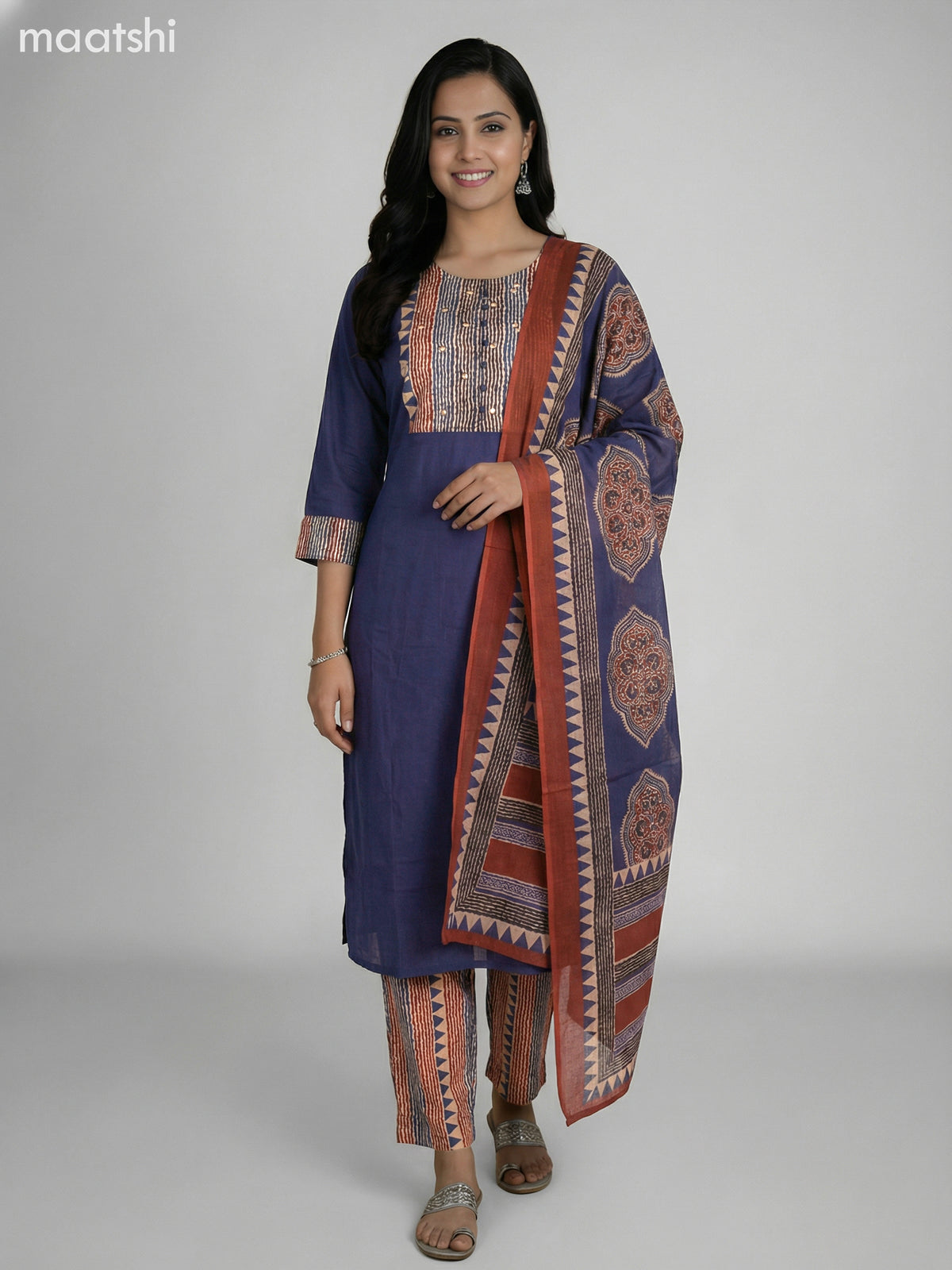 Navy Blue Cotton Printed Neck Pattern Straight Suit