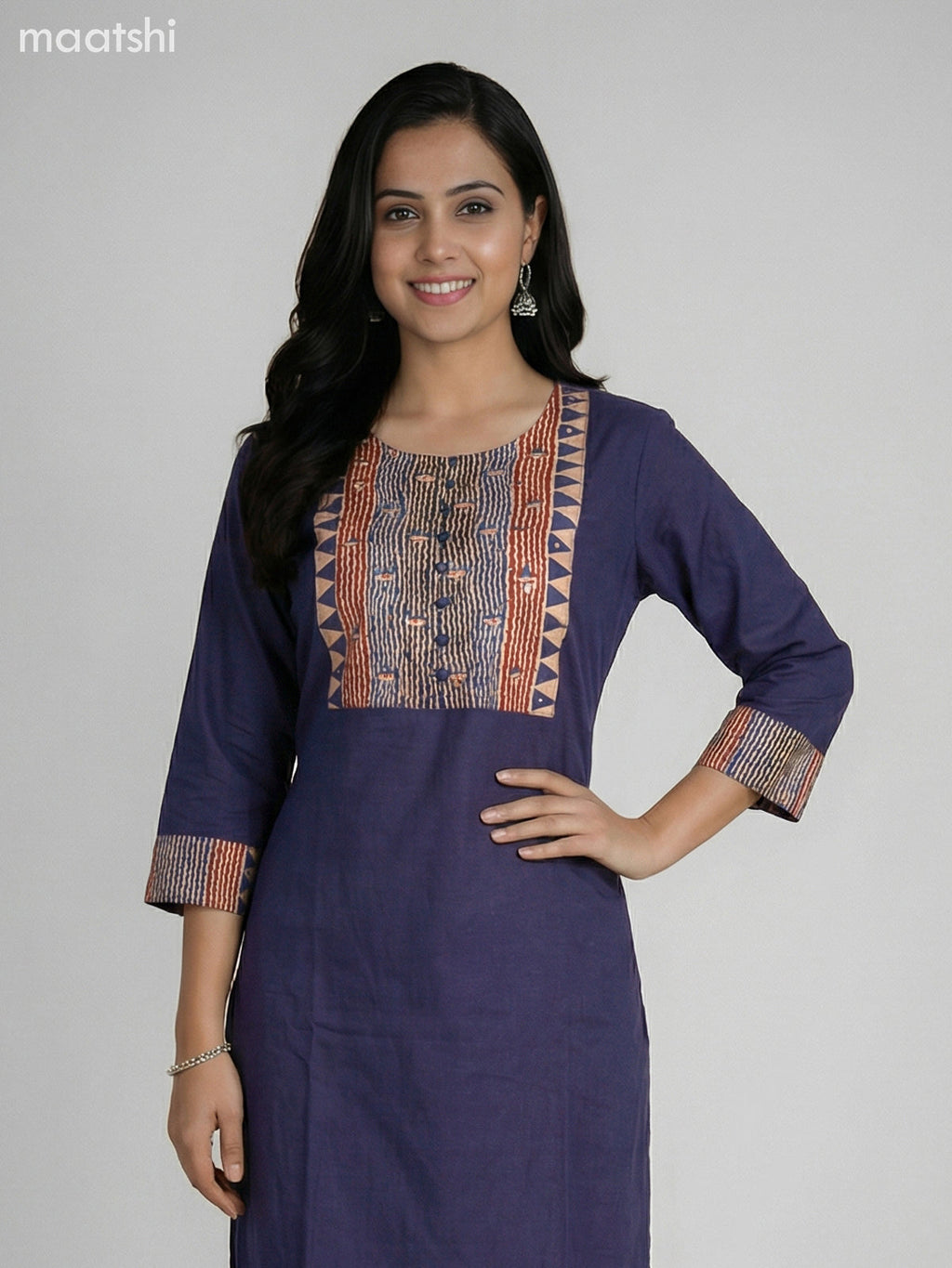 Navy Blue Cotton Printed Neck Pattern Straight Suit