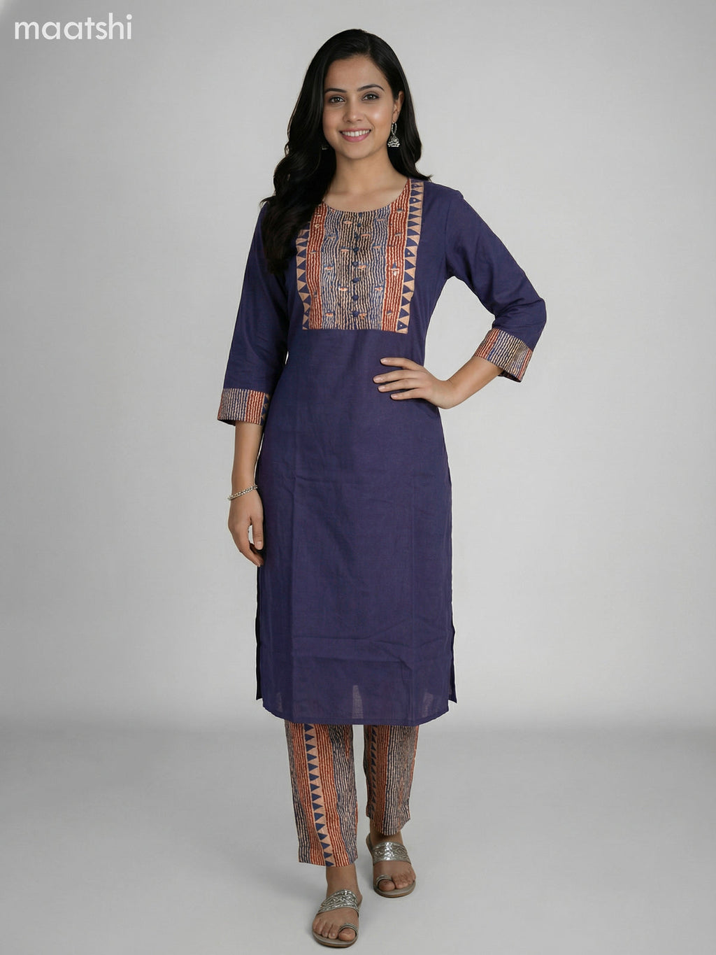 Navy Blue Cotton Printed Neck Pattern Straight Suit