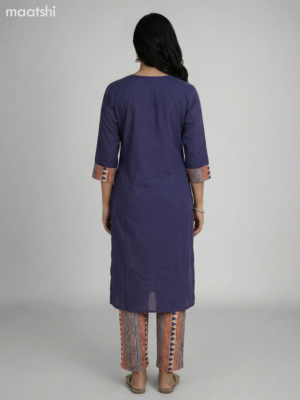 Navy Blue Cotton Printed Neck Pattern Straight Suit