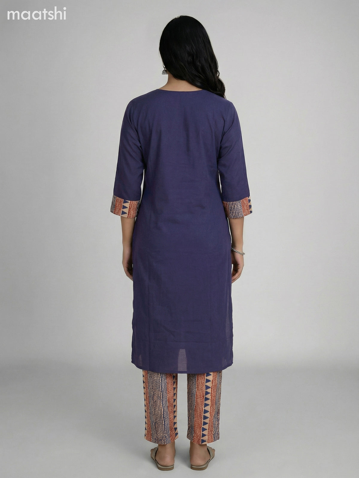 Navy Blue Cotton Printed Neck Pattern Straight Suit