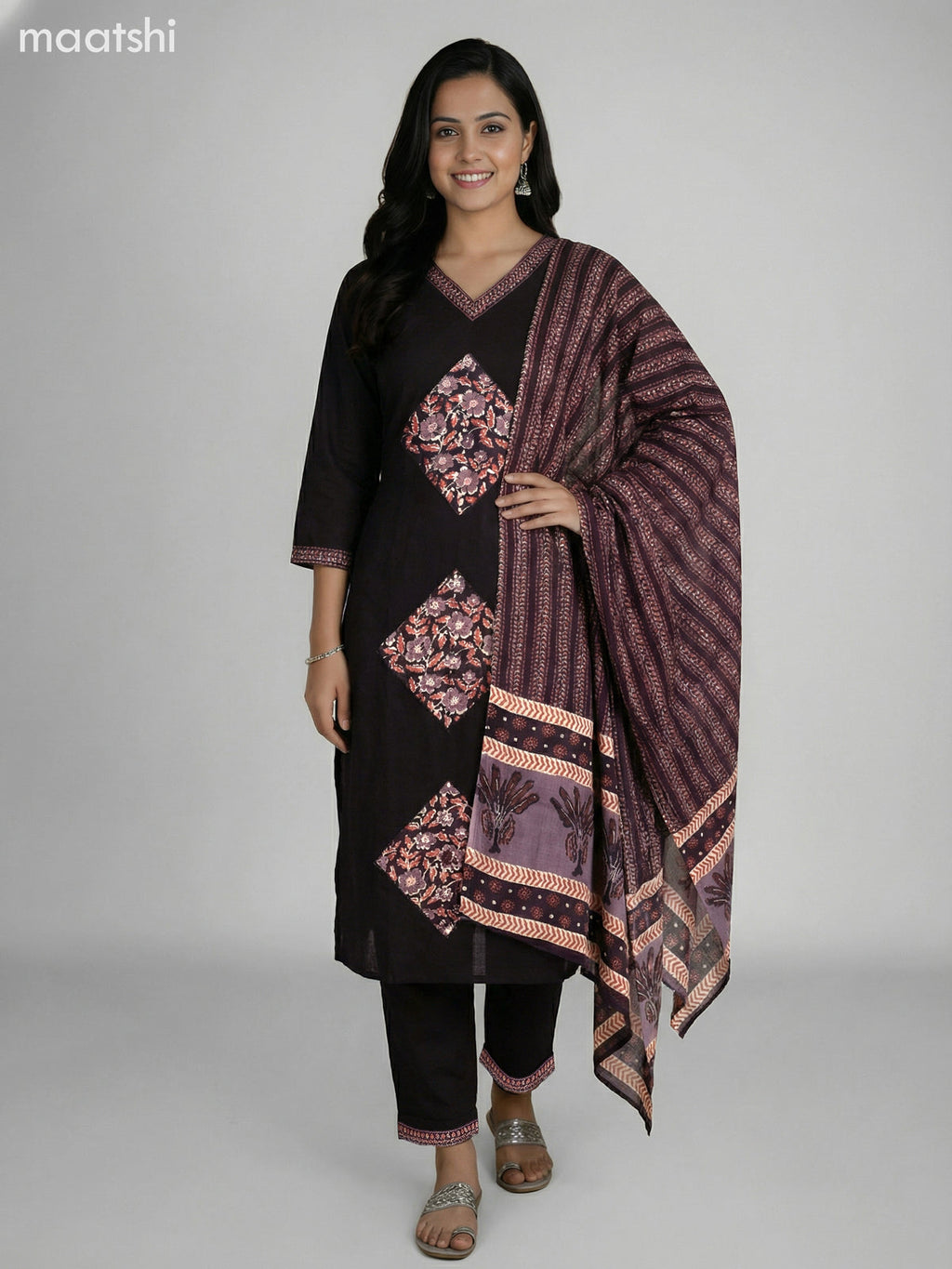 Black Cotton Patch Work Straight Suit