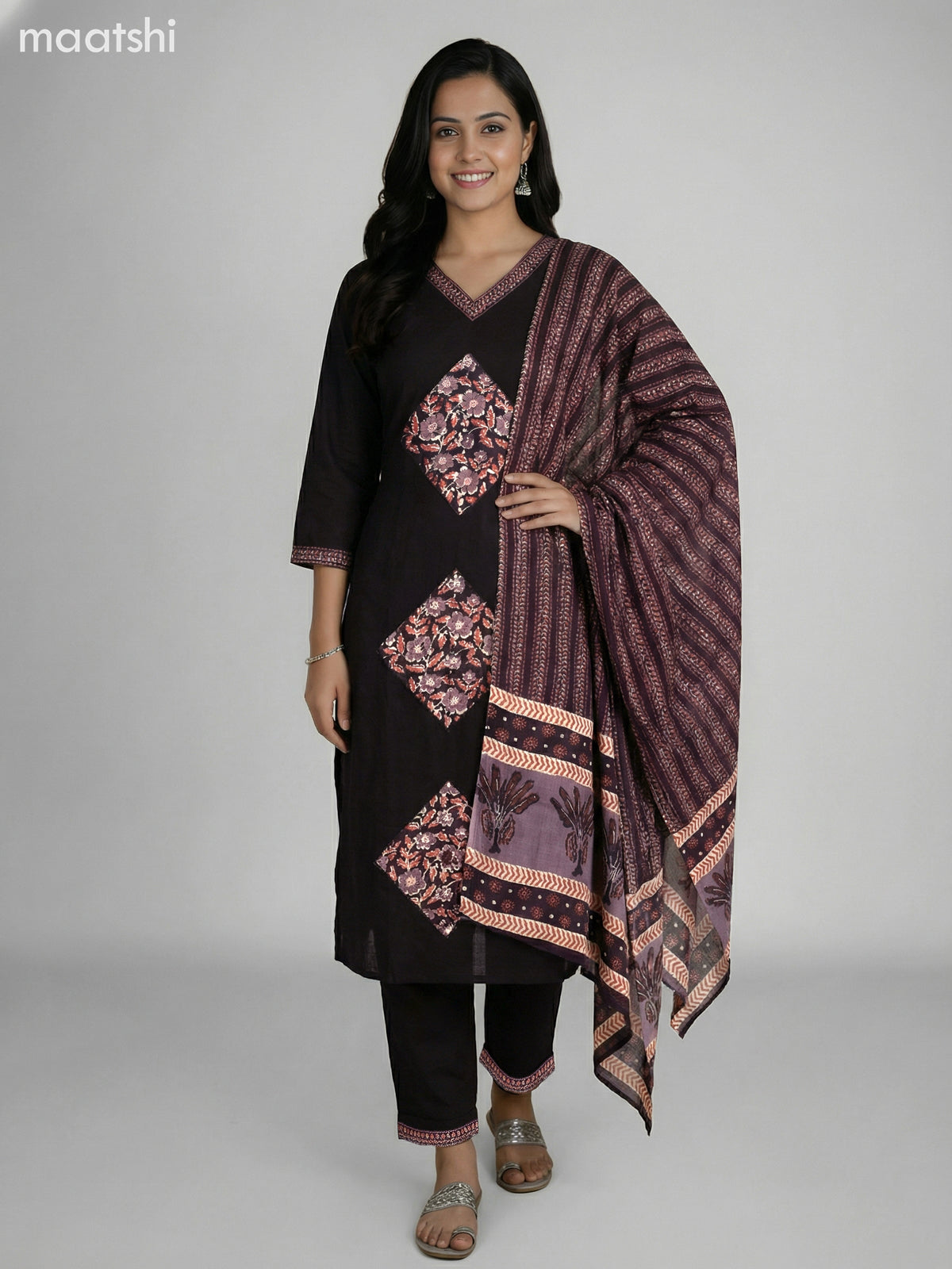 Black Cotton Patch Work Straight Suit